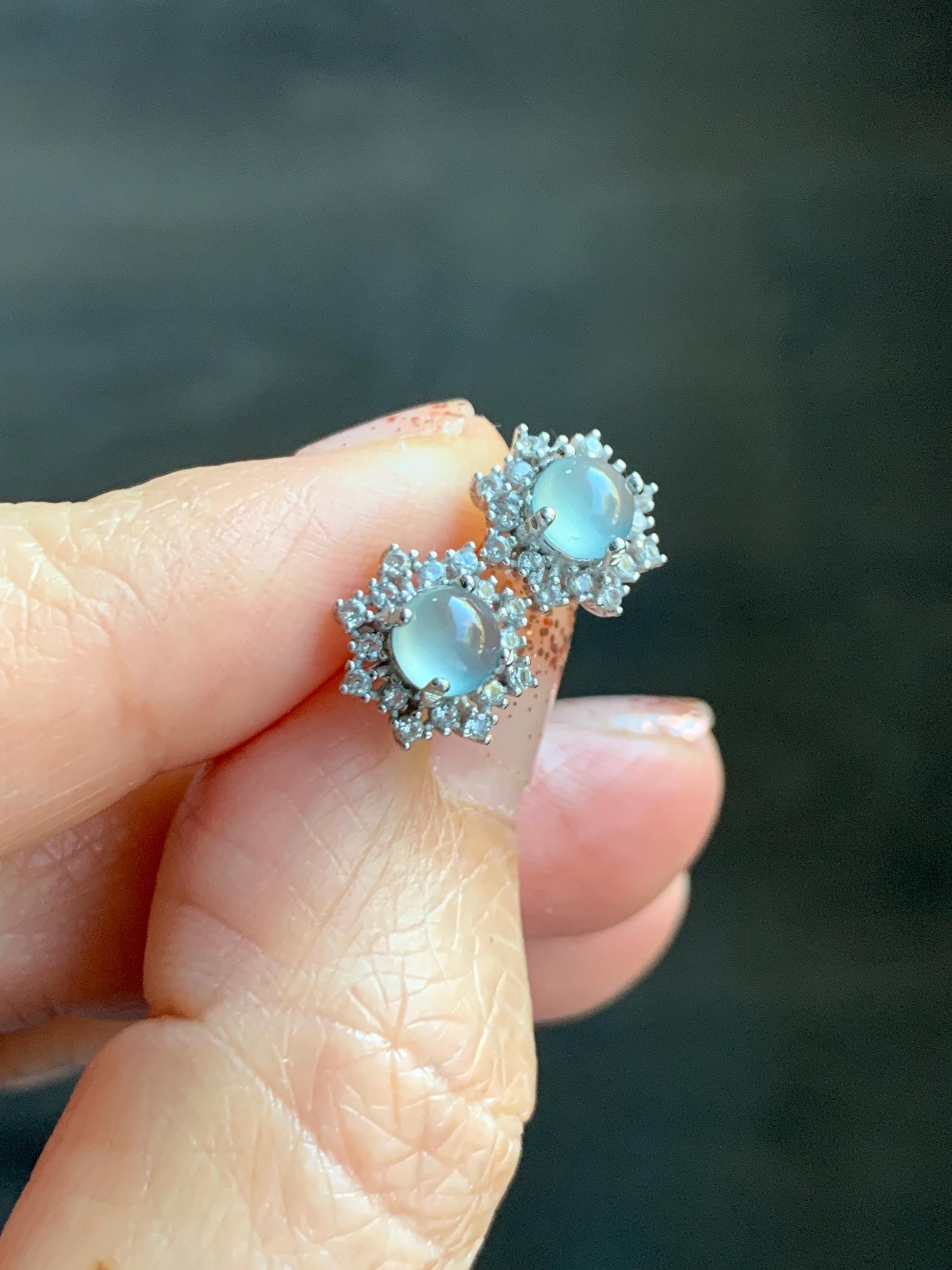 Natural grade A Guatemalan Icy Highly Translucent Pastel Blue Jade Jadeite Snowflake Stud Earrings Sterling Silver 天然冰危淡蓝翡翠银镶耳钉 XHD77