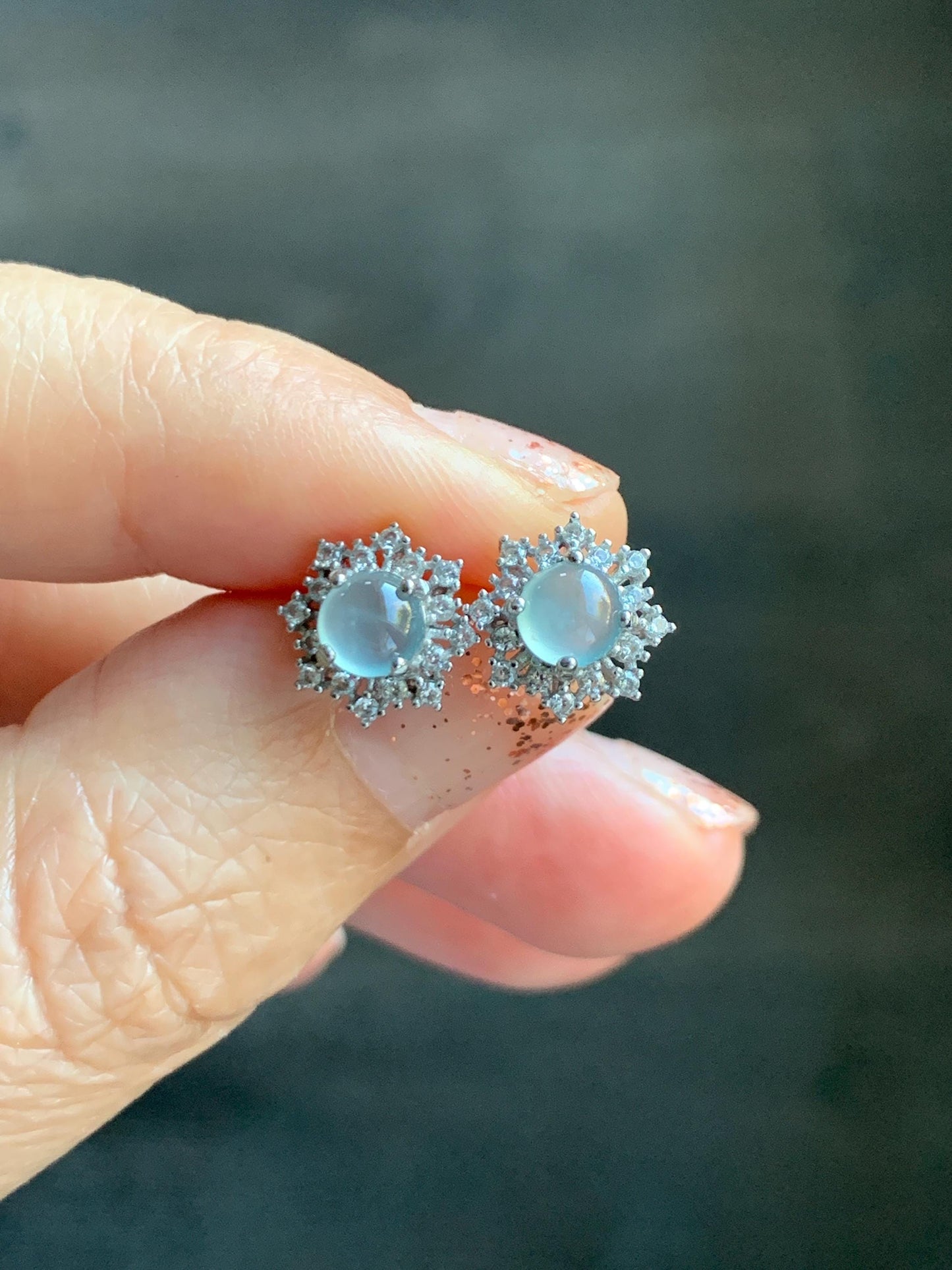 Natural grade A Guatemalan Icy Highly Translucent Pastel Blue Jade Jadeite Snowflake Stud Earrings Sterling Silver 天然冰危淡蓝翡翠银镶耳钉 XHD77