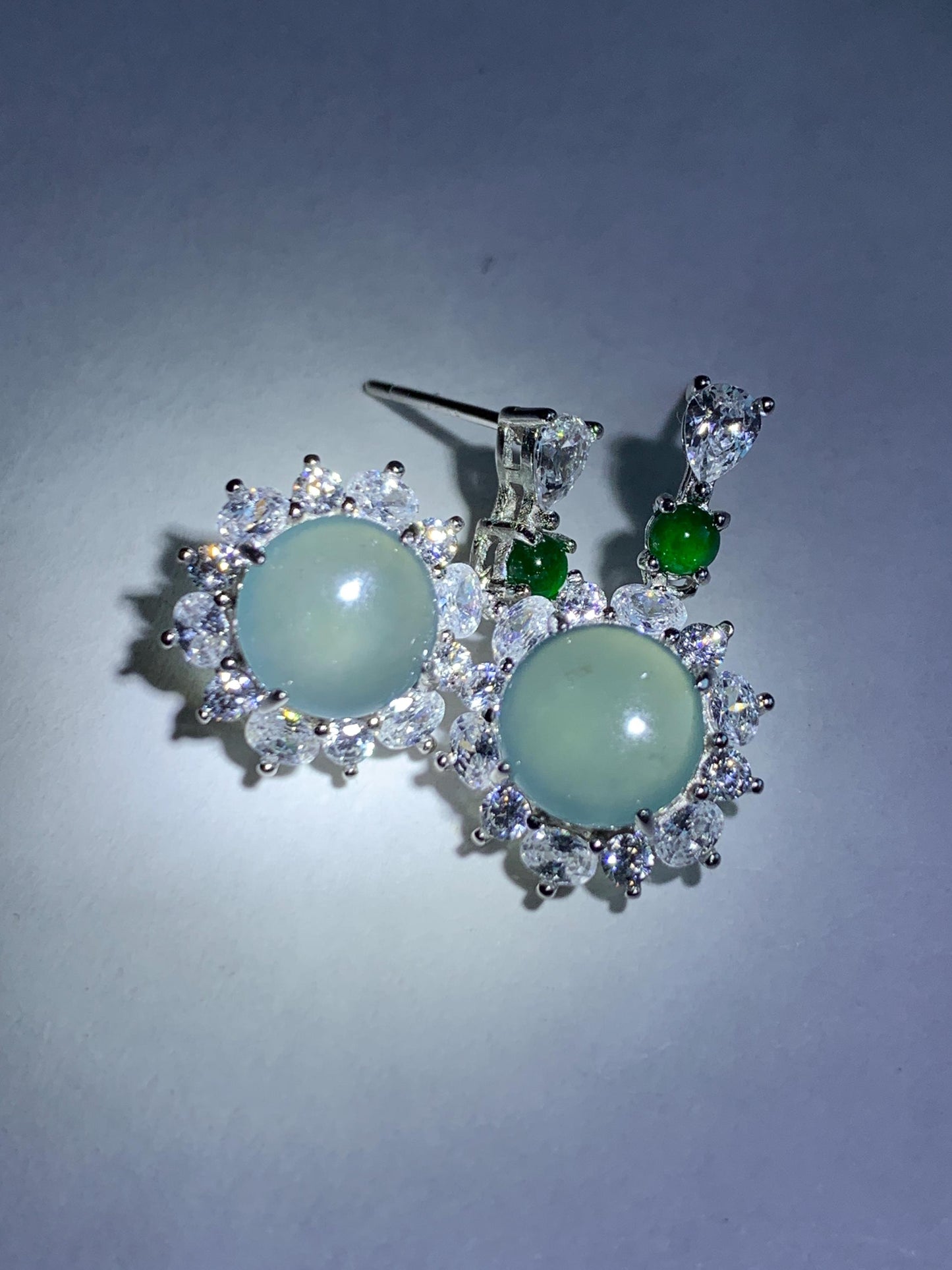 Natural Grade A Guatemalan Icy Highly Translucent Pastel Teal Blue Jade Jadeite Stud Dangle Earrings Sterling Silver 天然冰危蓝翡翠银镶耳钉 DWL82