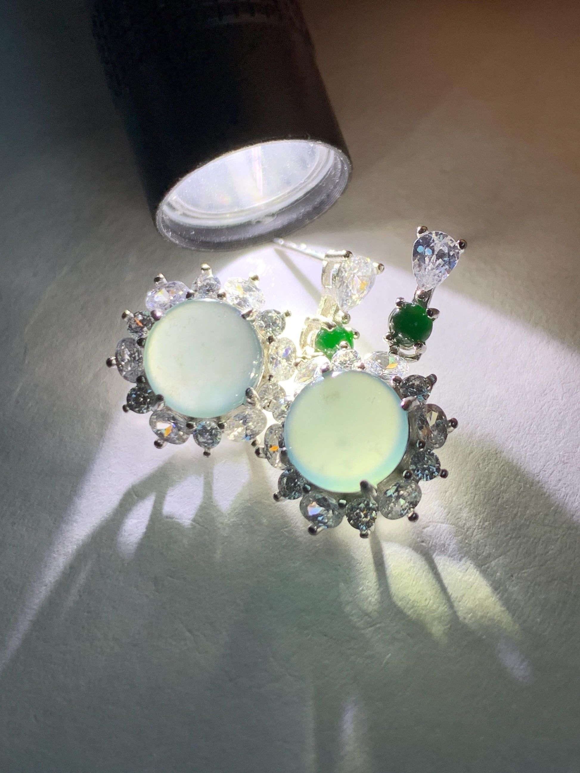 Natural Grade A Guatemalan Icy Highly Translucent Pastel Teal Blue Jade Jadeite Stud Dangle Earrings Sterling Silver 天然冰危蓝翡翠银镶耳钉 DWL82