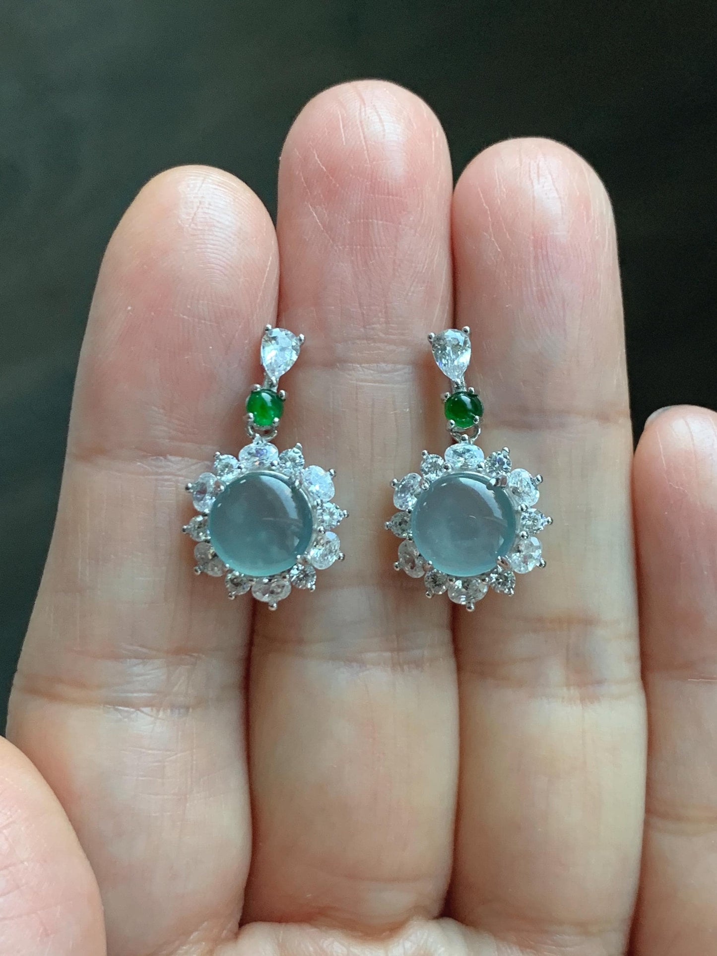 Natural Grade A Guatemalan Icy Highly Translucent Pastel Teal Blue Jade Jadeite Stud Dangle Earrings Sterling Silver 天然冰危蓝翡翠银镶耳钉 DWL82