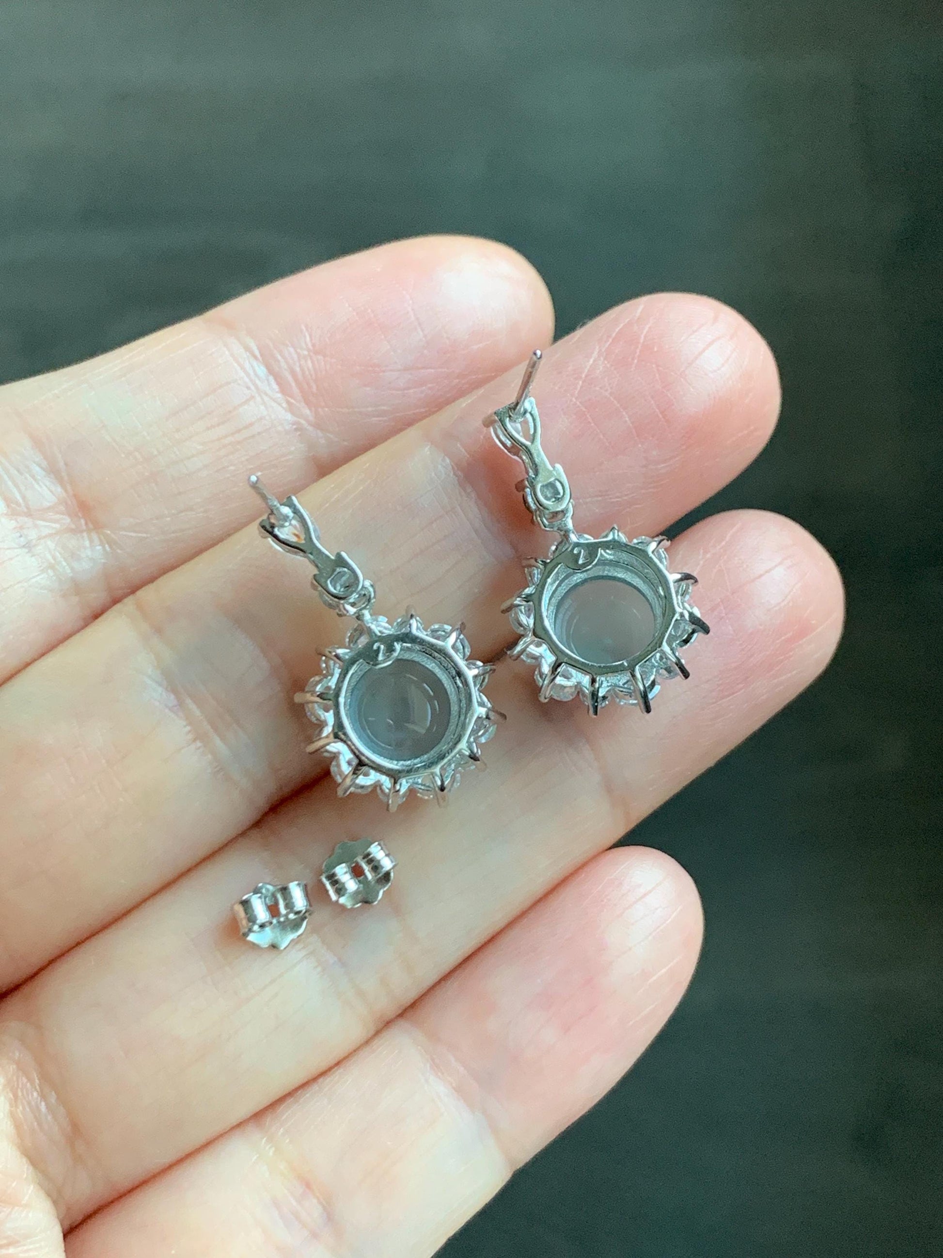 Natural Grade A Guatemalan Icy Highly Translucent Pastel Teal Blue Jade Jadeite Stud Dangle Earrings Sterling Silver 天然冰危蓝翡翠银镶耳钉 DWL82