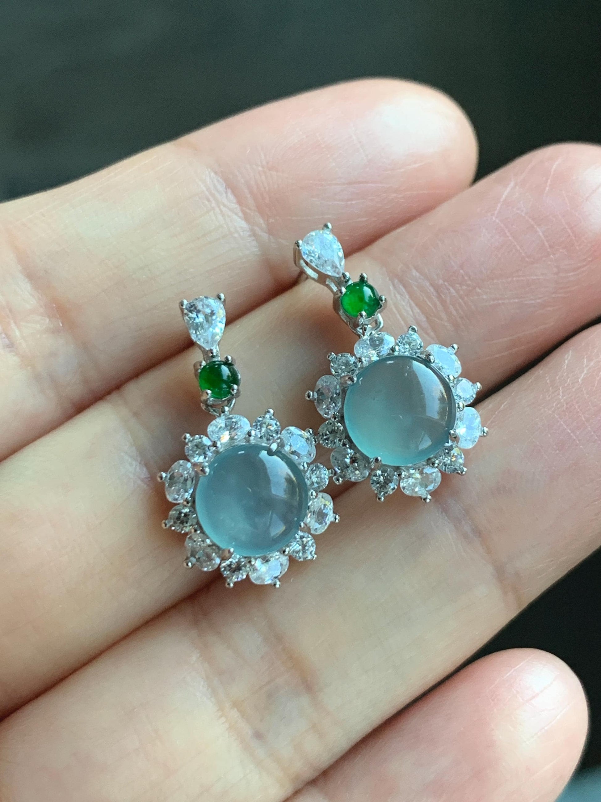 Natural Grade A Guatemalan Icy Highly Translucent Pastel Teal Blue Jade Jadeite Stud Dangle Earrings Sterling Silver 天然冰危蓝翡翠银镶耳钉 DWL82