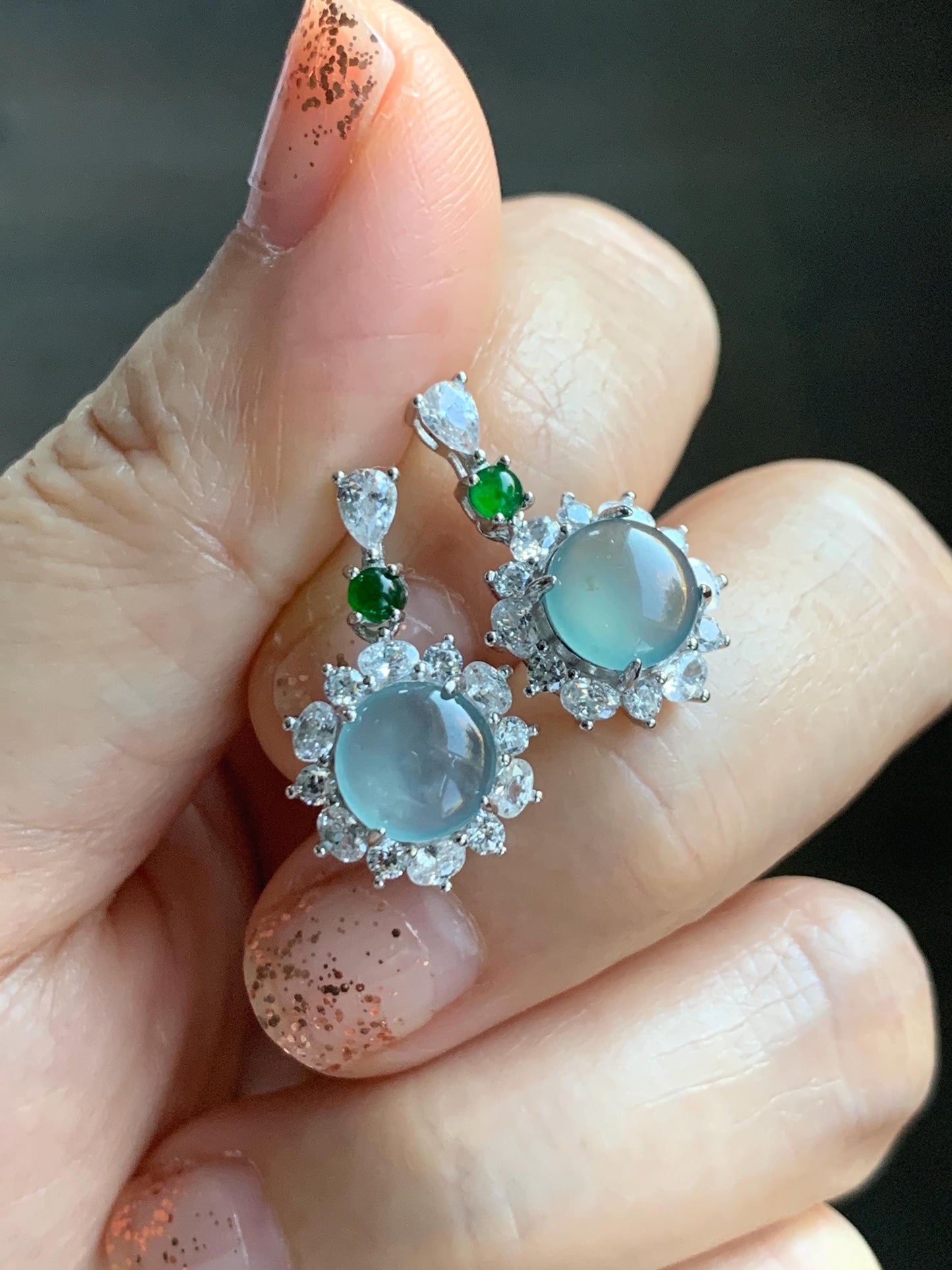 Natural Grade A Guatemalan Icy Highly Translucent Pastel Teal Blue Jade Jadeite Stud Dangle Earrings Sterling Silver 天然冰危蓝翡翠银镶耳钉 DWL82