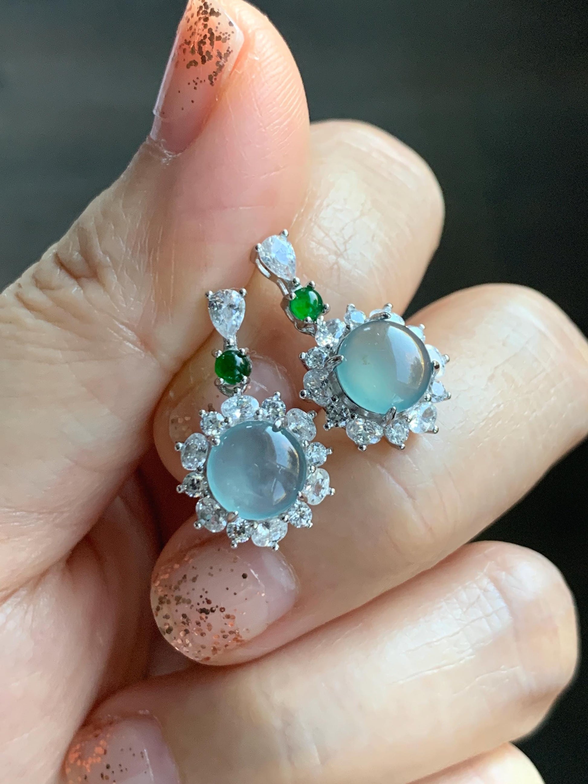 Natural Grade A Guatemalan Icy Highly Translucent Pastel Teal Blue Jade Jadeite Stud Dangle Earrings Sterling Silver 天然冰危蓝翡翠银镶耳钉 DWL82