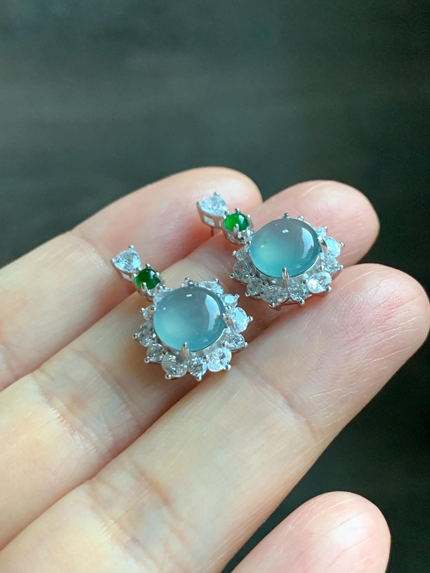 Natural Grade A Guatemalan Icy Highly Translucent Pastel Teal Blue Jade Jadeite Stud Dangle Earrings Sterling Silver 天然冰危蓝翡翠银镶耳钉 DWL82
