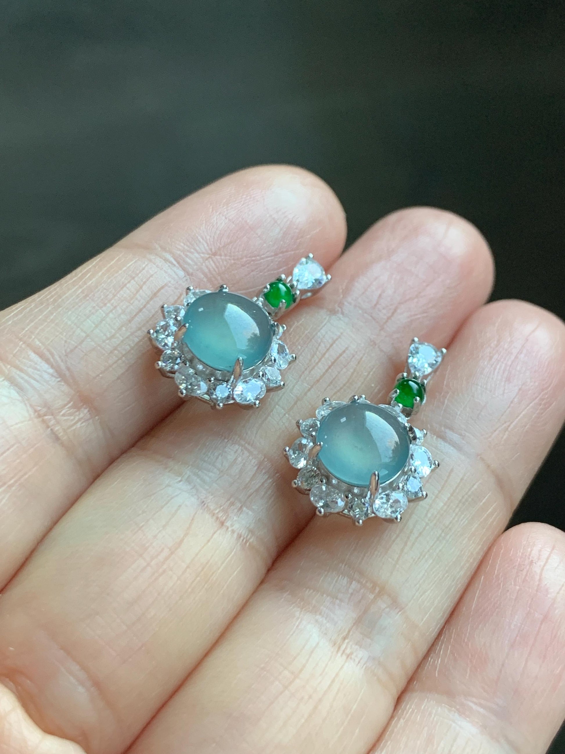 Natural Grade A Guatemalan Icy Highly Translucent Pastel Teal Blue Jade Jadeite Stud Dangle Earrings Sterling Silver 天然冰危蓝翡翠银镶耳钉 DWL82
