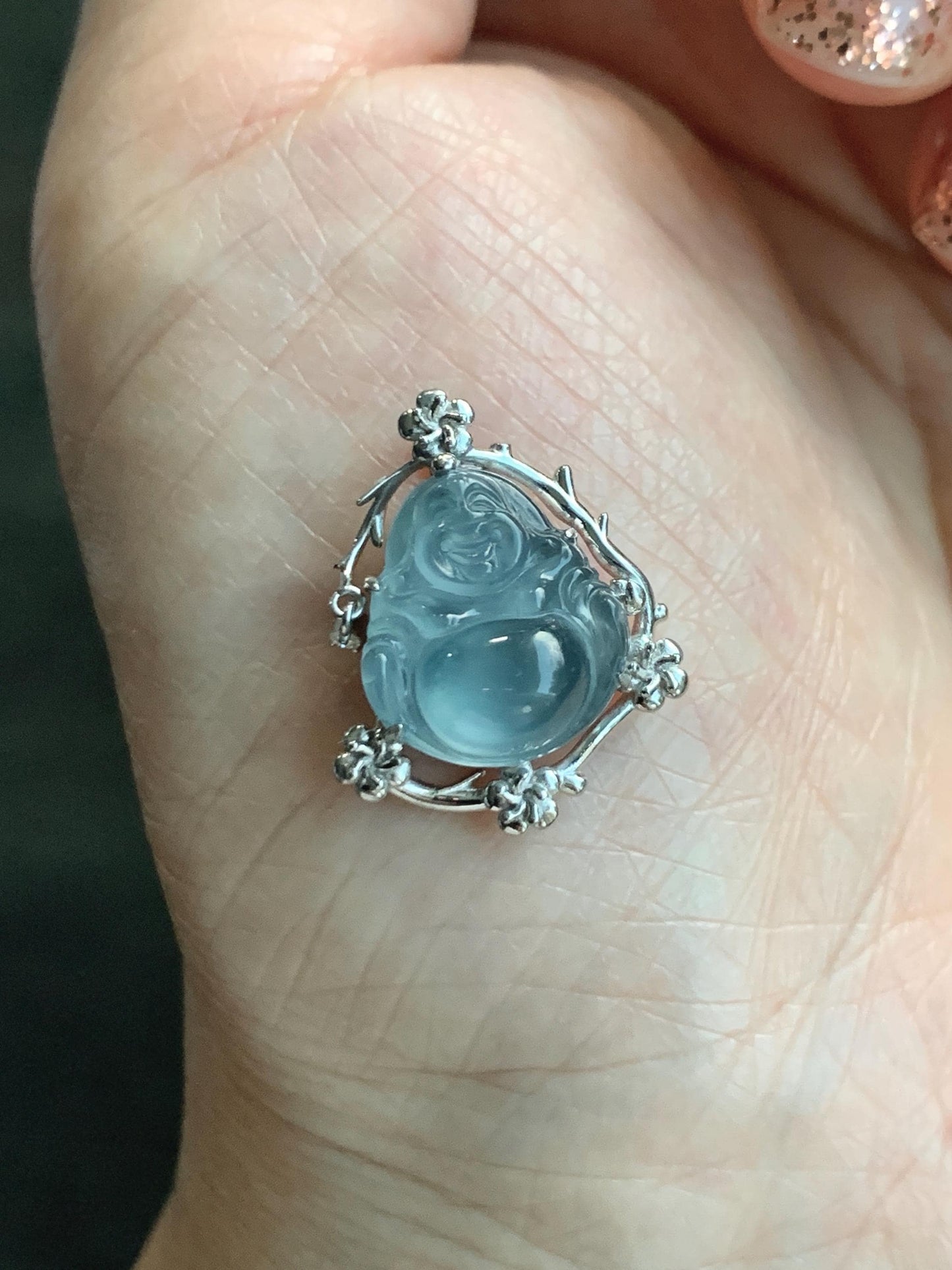 Certified Natural Grade A Guatemalan Icy Translucent Dusty Blue Jade Jadeite Buddha Petite Pendant Sterling Silver 3.12g 天然冰胶危蓝翡翠佛公镶嵌吊坠 162