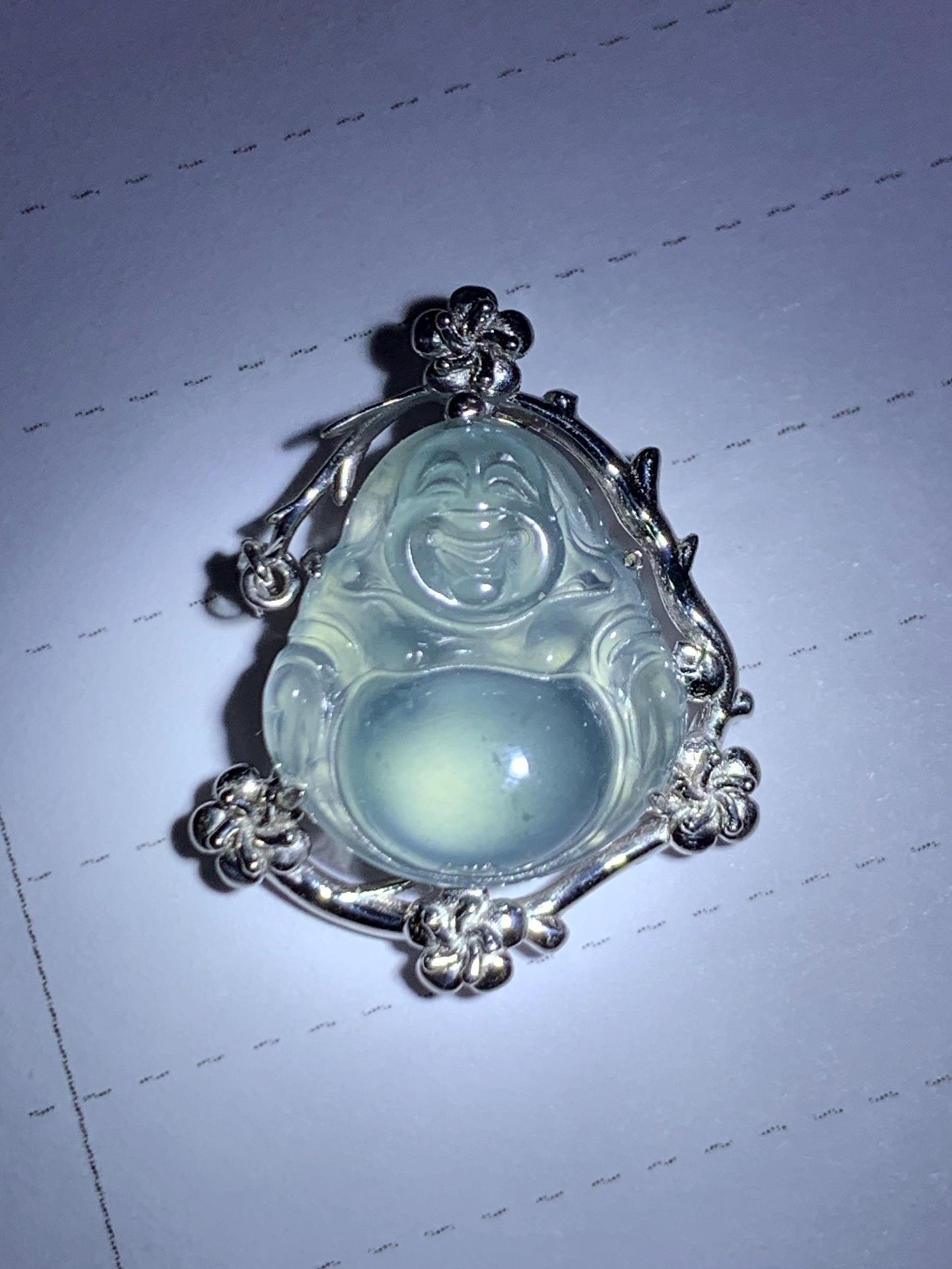 Certified Natural Grade A Guatemalan Icy Translucent Dusty Blue Jade Jadeite Buddha Petite Pendant Sterling Silver 3.12g 天然冰胶危蓝翡翠佛公镶嵌吊坠 162