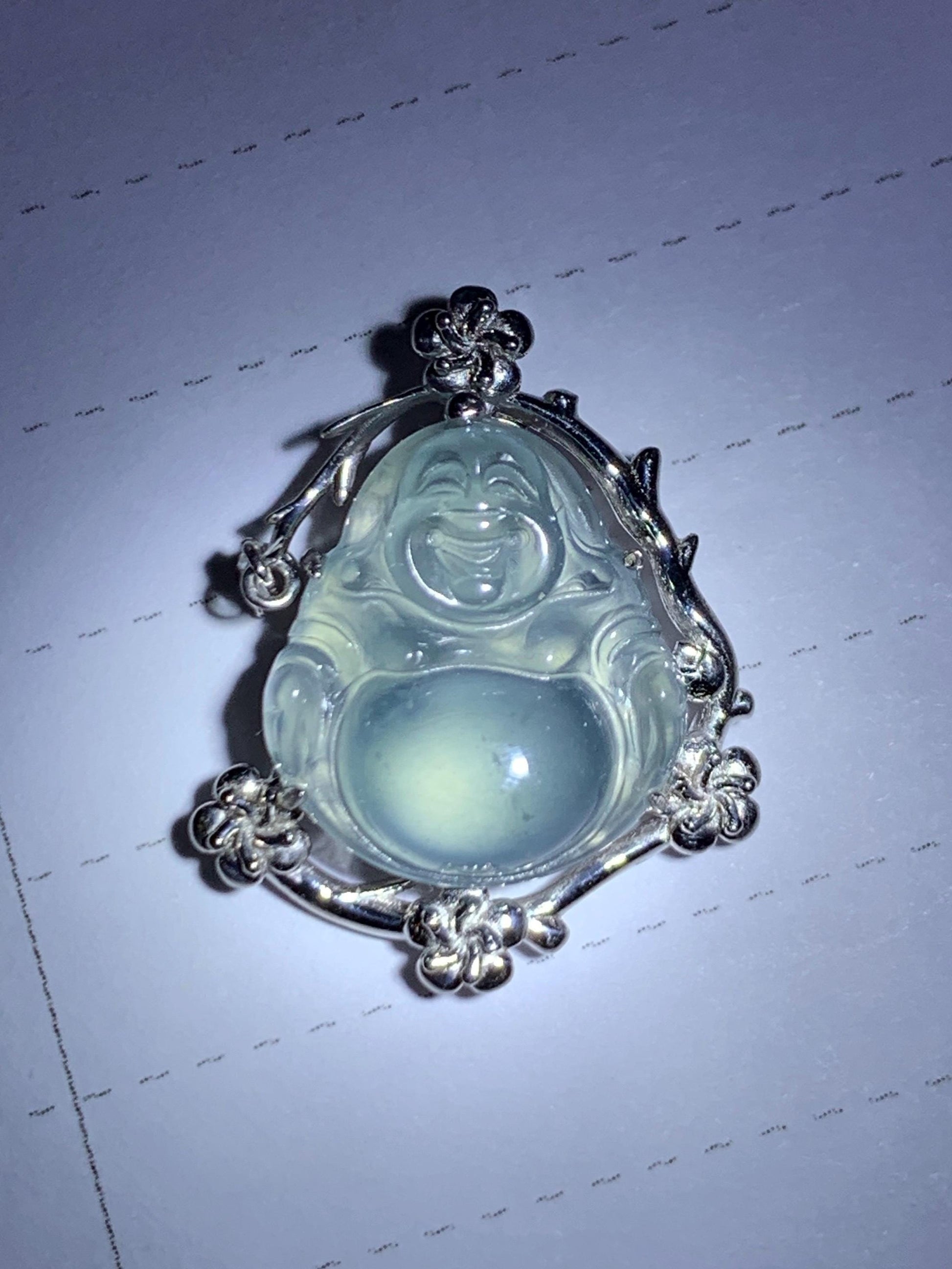 Certified Natural Grade A Guatemalan Icy Translucent Dusty Blue Jade Jadeite Buddha Petite Pendant Sterling Silver 3.12g 天然冰胶危蓝翡翠佛公镶嵌吊坠 162