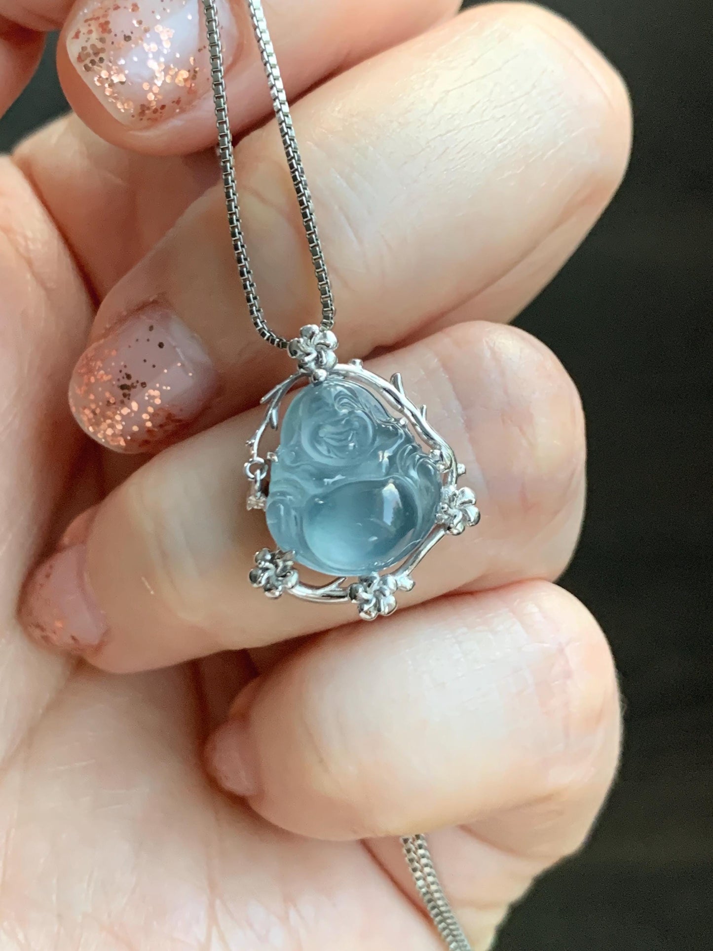 Certified Natural Grade A Guatemalan Icy Translucent Dusty Blue Jade Jadeite Buddha Petite Pendant Sterling Silver 3.12g 天然冰胶危蓝翡翠佛公镶嵌吊坠 162