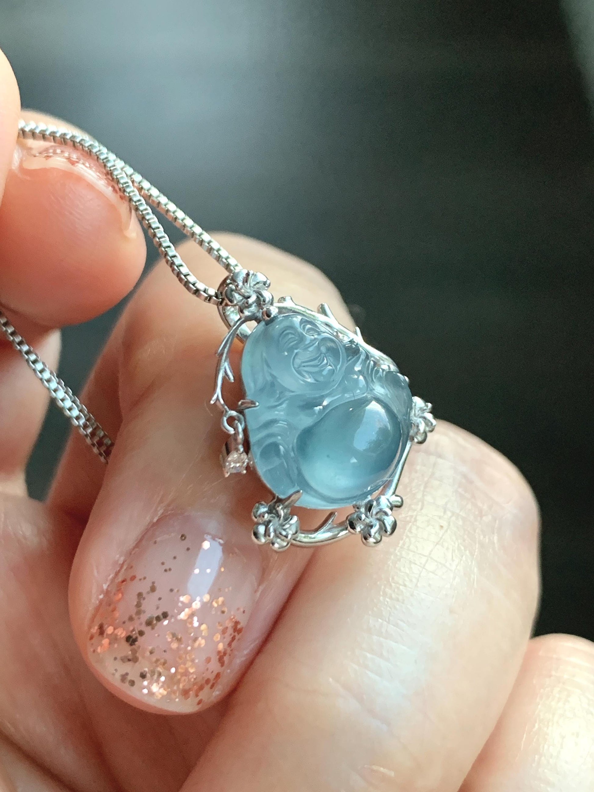 Certified Natural Grade A Guatemalan Icy Translucent Dusty Blue Jade Jadeite Buddha Petite Pendant Sterling Silver 3.12g 天然冰胶危蓝翡翠佛公镶嵌吊坠 162