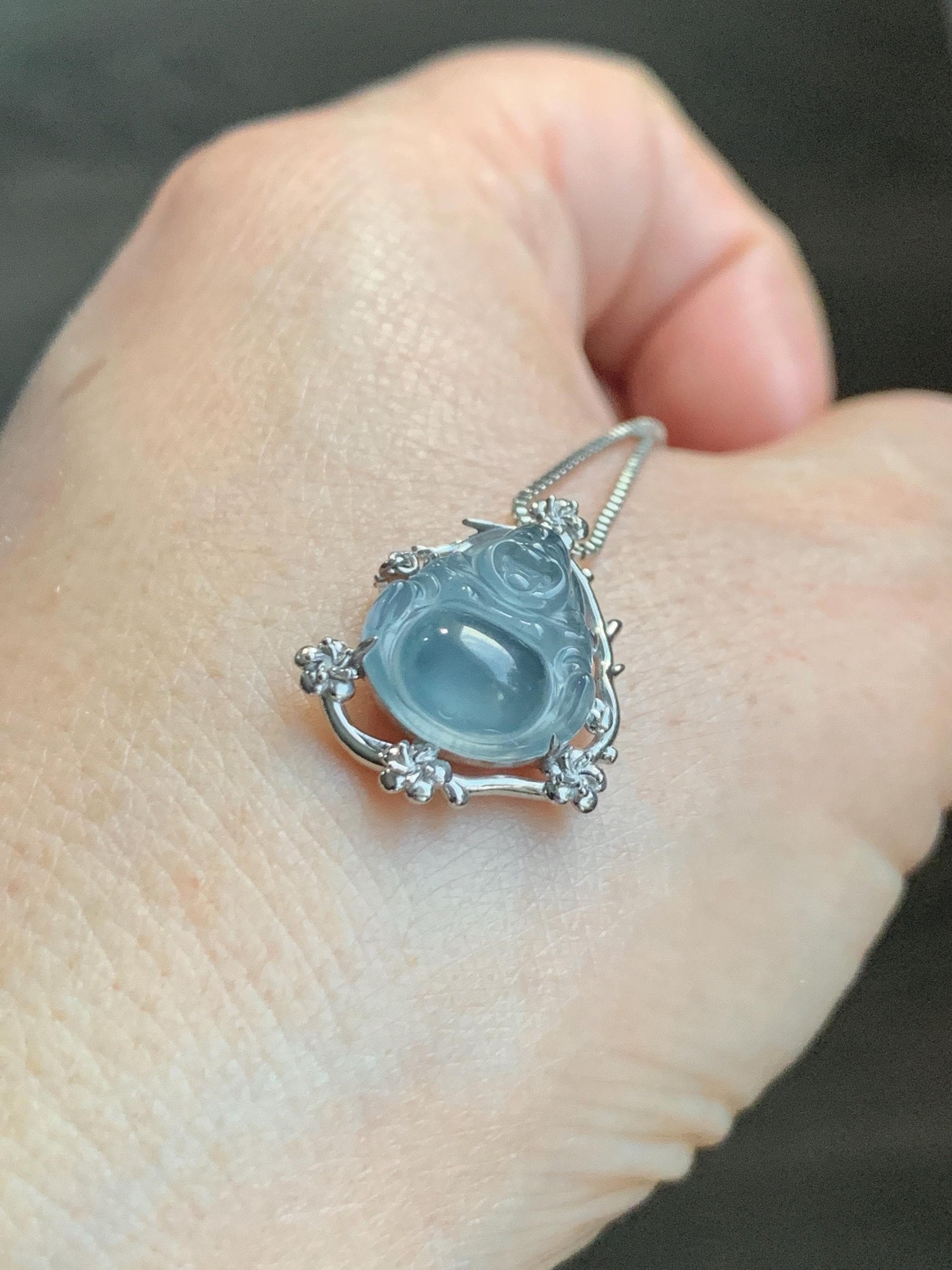 Certified Natural Grade A Guatemalan Icy Translucent Dusty Blue Jade Jadeite Buddha Petite Pendant Sterling Silver 3.12g 天然冰胶危蓝翡翠佛公镶嵌吊坠 162