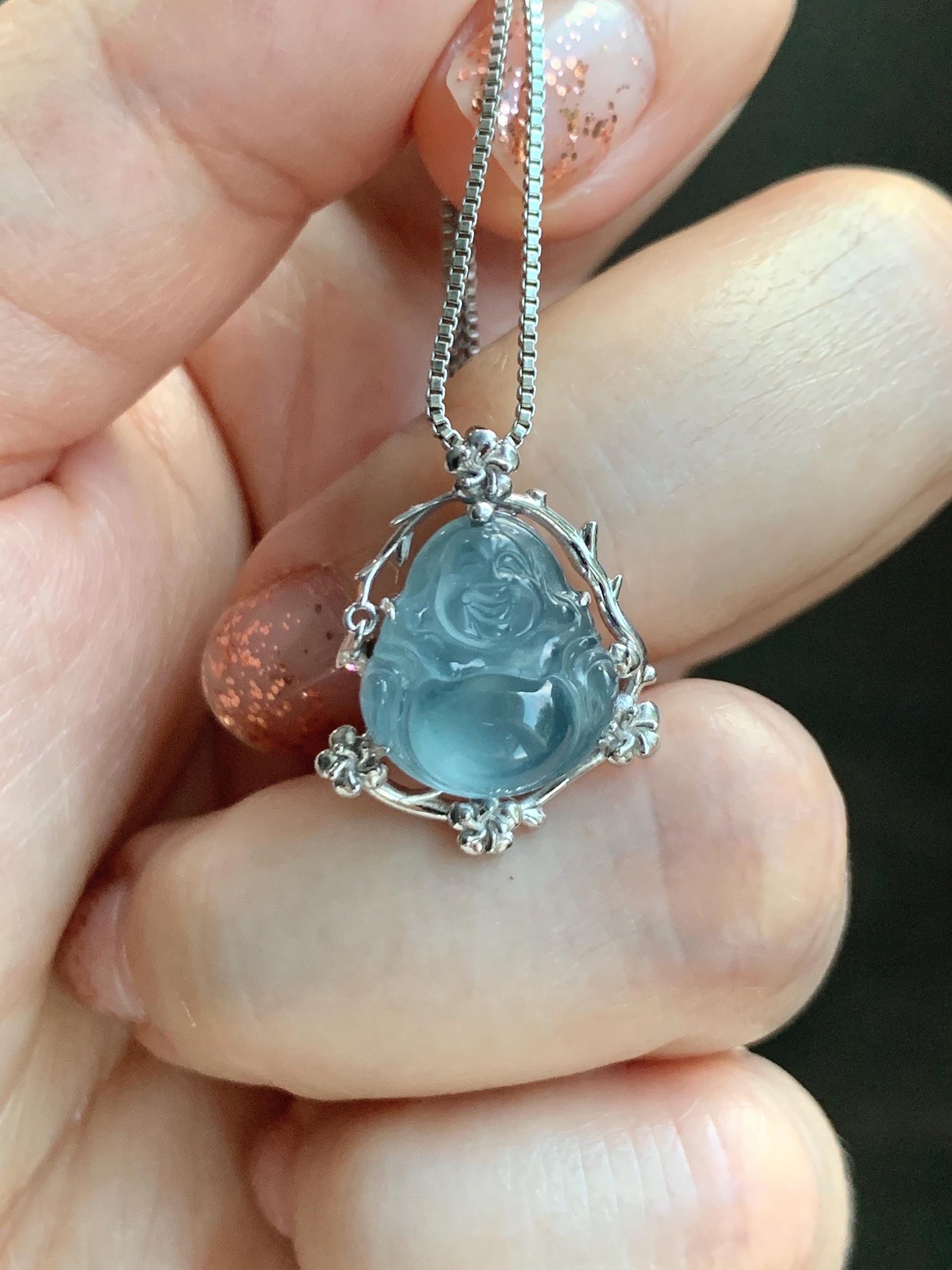 Certified Natural Grade A Guatemalan Icy Translucent Dusty Blue Jade Jadeite Buddha Petite Pendant Sterling Silver 3.12g 天然冰胶危蓝翡翠佛公镶嵌吊坠 162