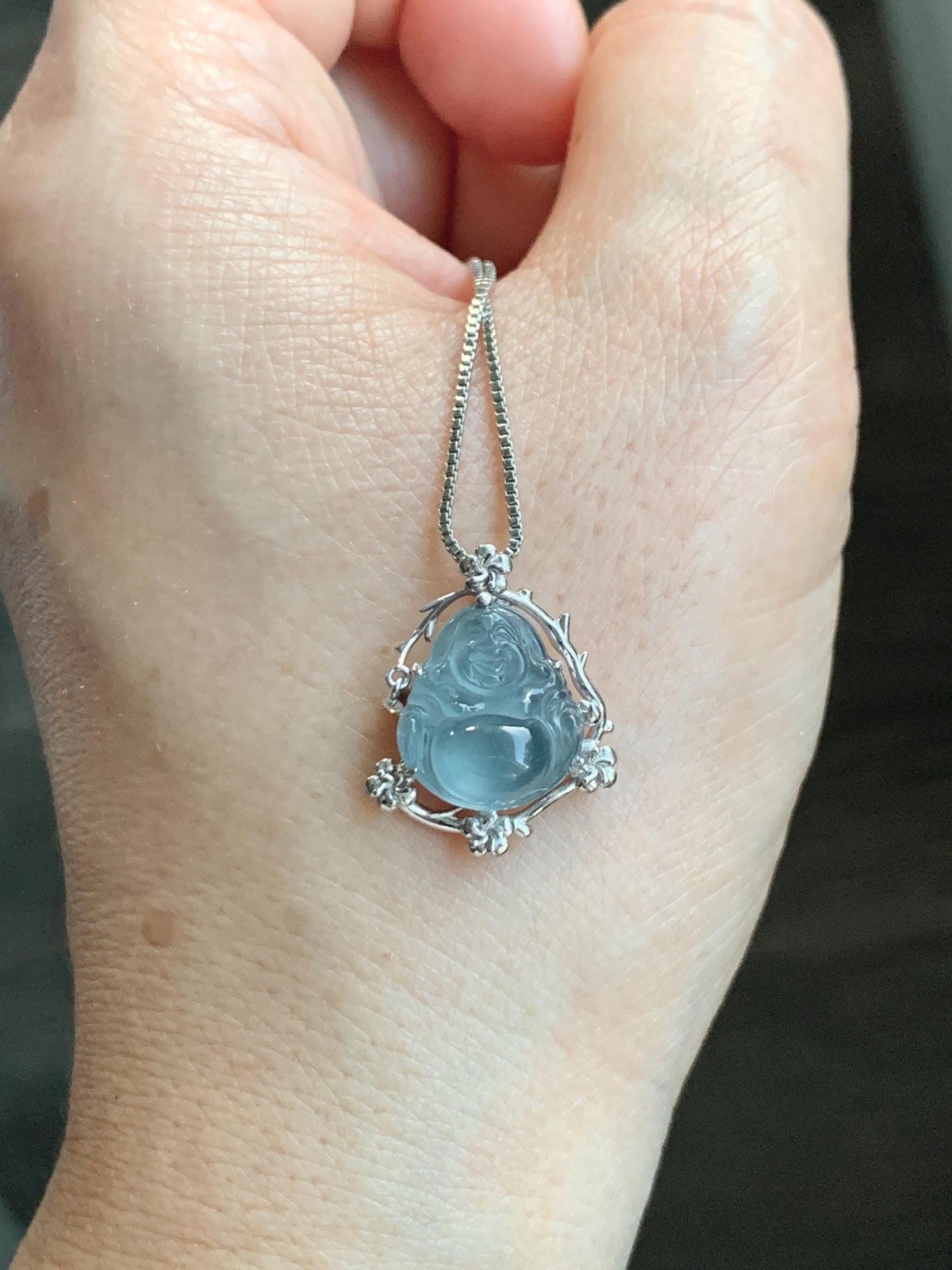 Certified Natural Grade A Guatemalan Icy Translucent Dusty Blue Jade Jadeite Buddha Petite Pendant Sterling Silver 3.12g 天然冰胶危蓝翡翠佛公镶嵌吊坠 162