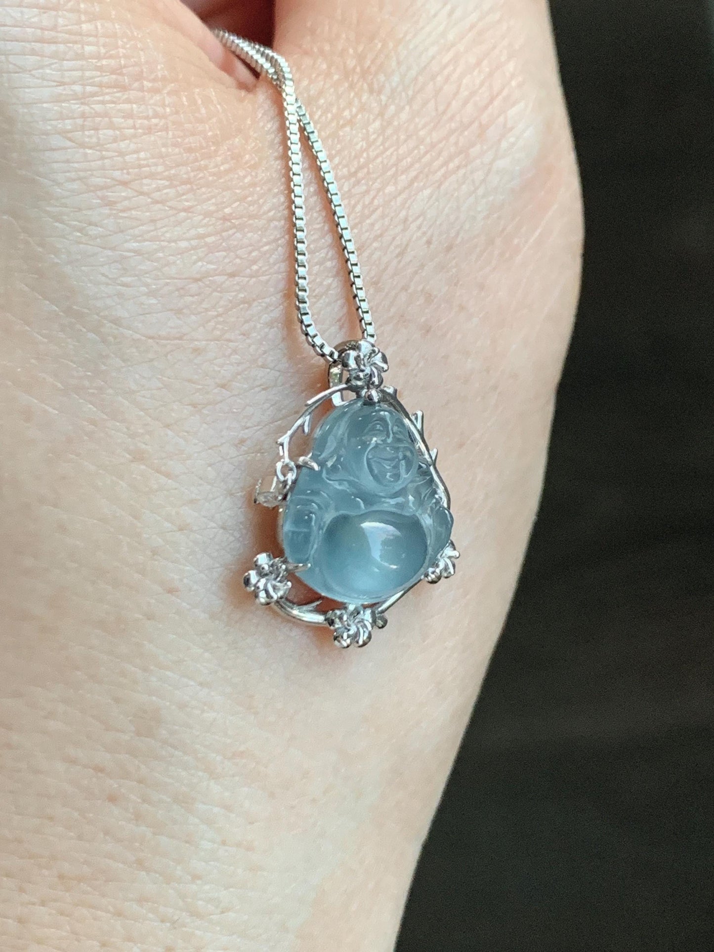 Certified Natural Grade A Guatemalan Icy Translucent Dusty Blue Jade Jadeite Buddha Petite Pendant Sterling Silver 3.12g 天然冰胶危蓝翡翠佛公镶嵌吊坠 162