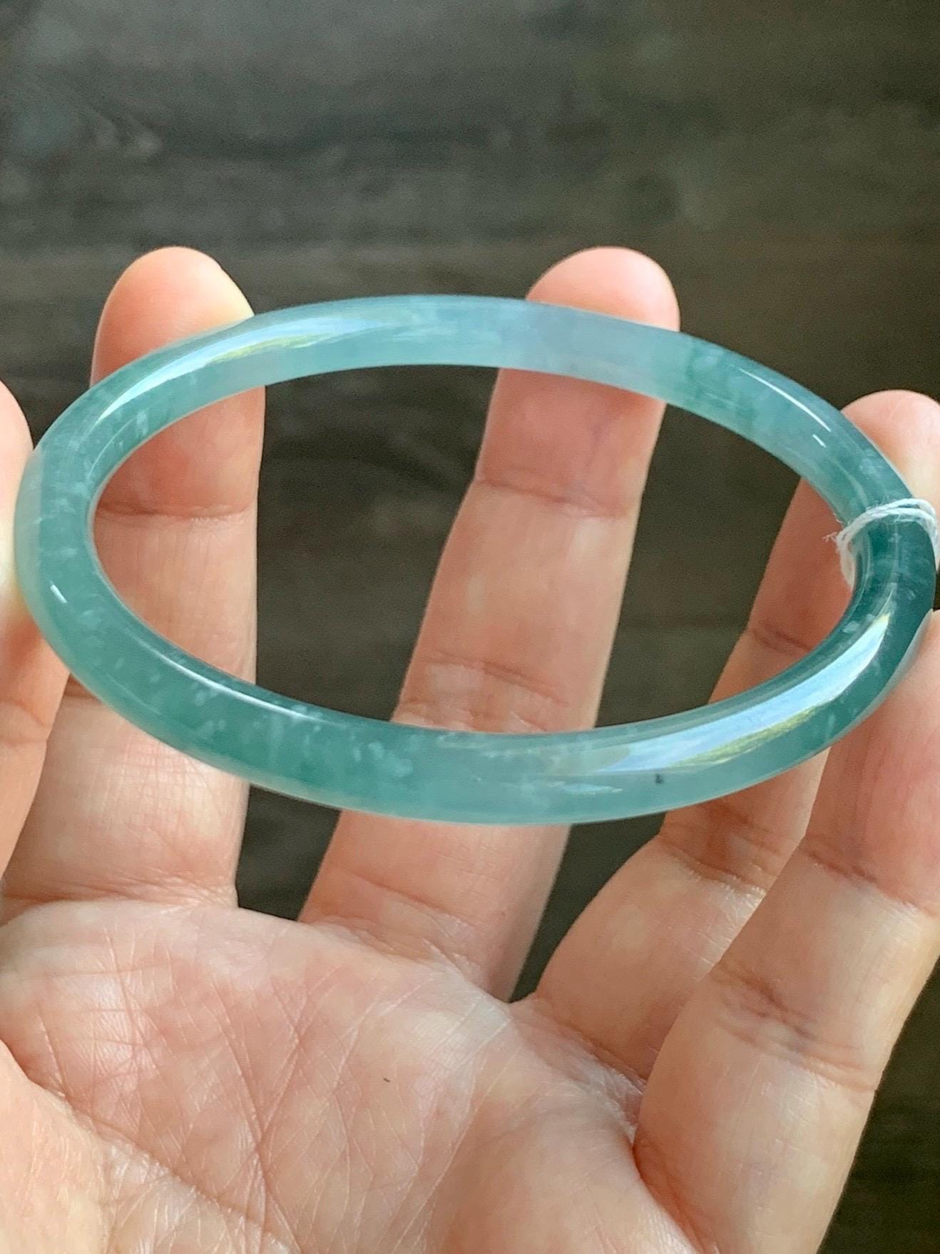 Certified Natural Grade A Guatemalan Icy Translucent Teal Blue & Green Marbled Jade Jadeite Slim Bangle 58.7mm 7.25” 20g 天然冰危晴蓝翡翠细圆条手镯 475
