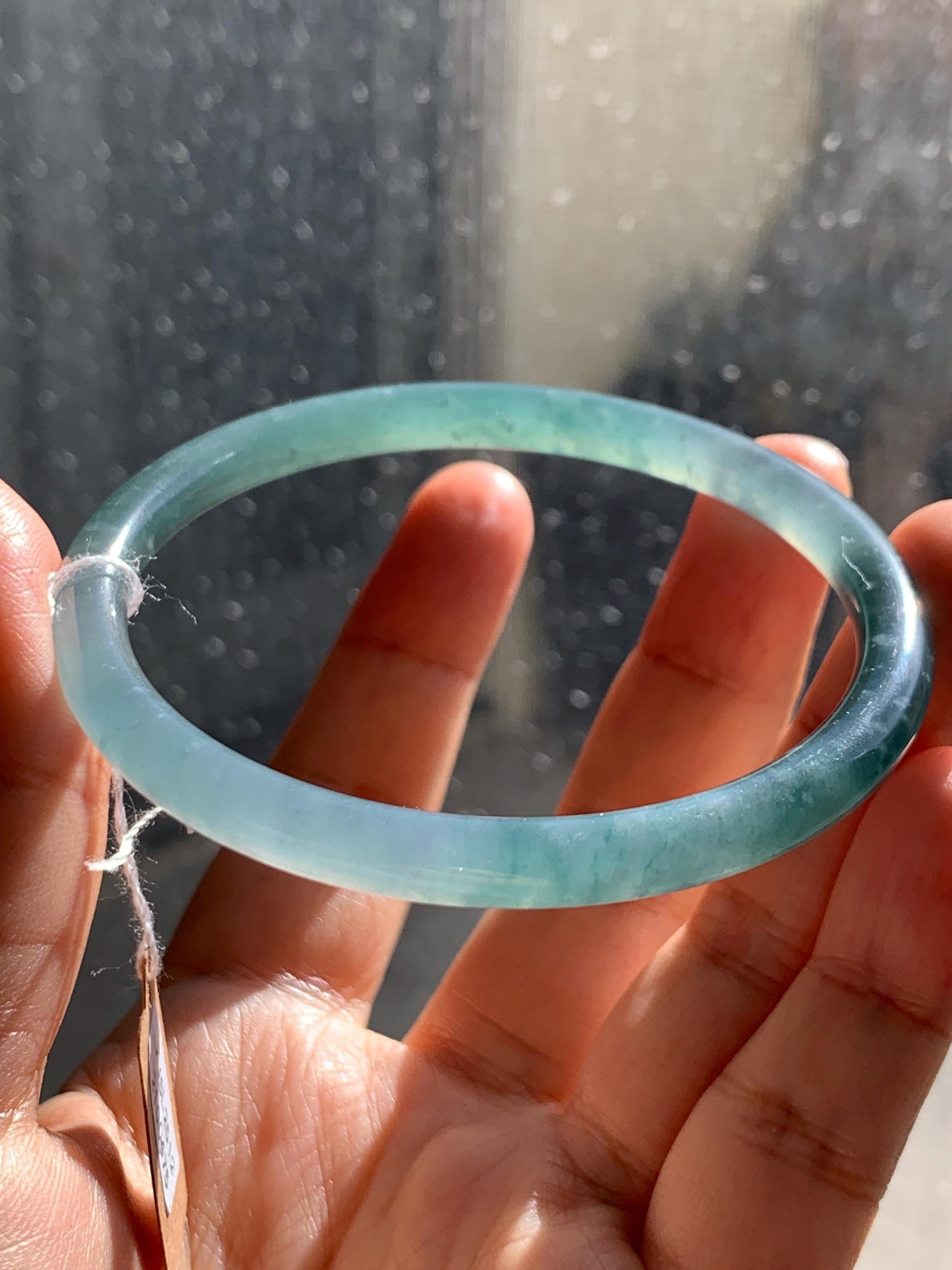 Certified Natural Grade A Guatemalan Icy Translucent Teal Blue & Green Marbled Jade Jadeite Slim Bangle 58.7mm 7.25” 20g 天然冰危晴蓝翡翠细圆条手镯 475