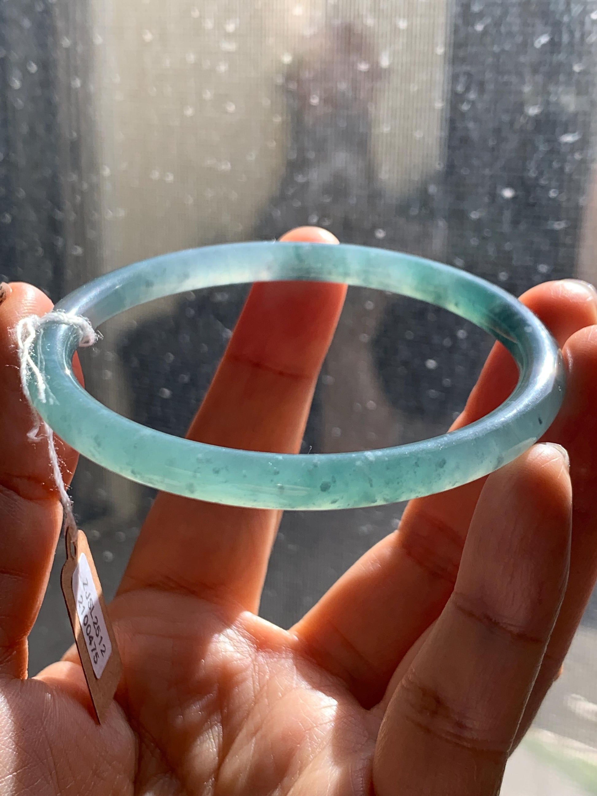 Certified Natural Grade A Guatemalan Icy Translucent Teal Blue & Green Marbled Jade Jadeite Slim Bangle 58.7mm 7.25” 20g 天然冰危晴蓝翡翠细圆条手镯 475