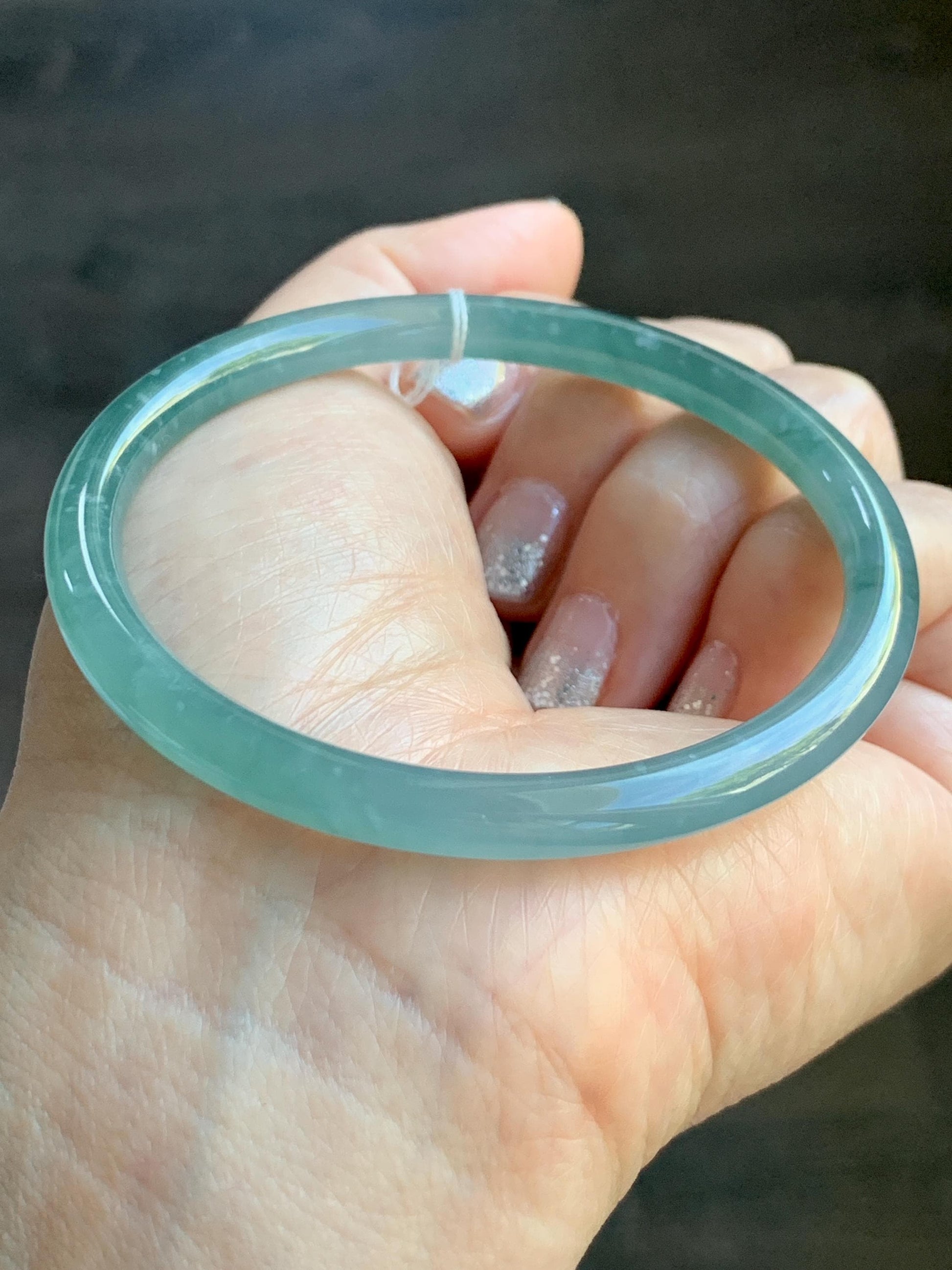 Certified Natural Grade A Guatemalan Icy Translucent Teal Blue & Green Marbled Jade Jadeite Slim Bangle 58.7mm 7.25” 20g 天然冰危晴蓝翡翠细圆条手镯 475