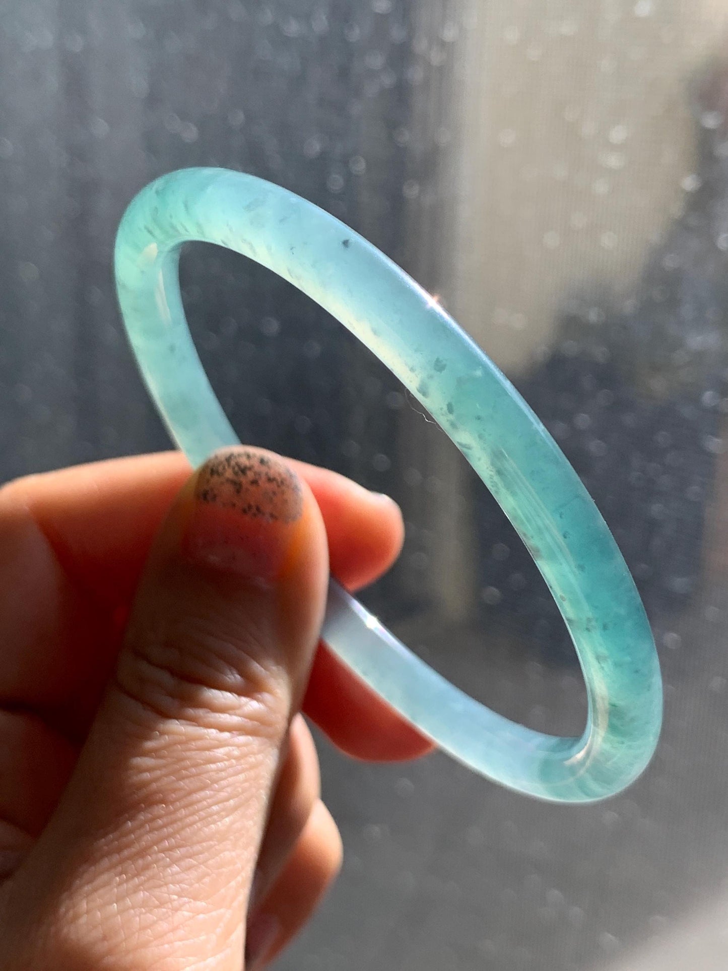 Certified Natural Grade A Guatemalan Icy Translucent Teal Blue & Green Marbled Jade Jadeite Slim Bangle 58.7mm 7.25” 20g 天然冰危晴蓝翡翠细圆条手镯 475