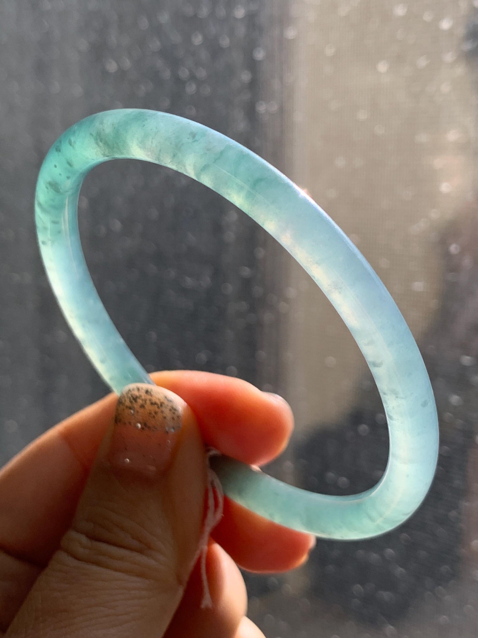 Certified Natural Grade A Guatemalan Icy Translucent Teal Blue & Green Marbled Jade Jadeite Slim Bangle 58.7mm 7.25” 20g 天然冰危晴蓝翡翠细圆条手镯 475