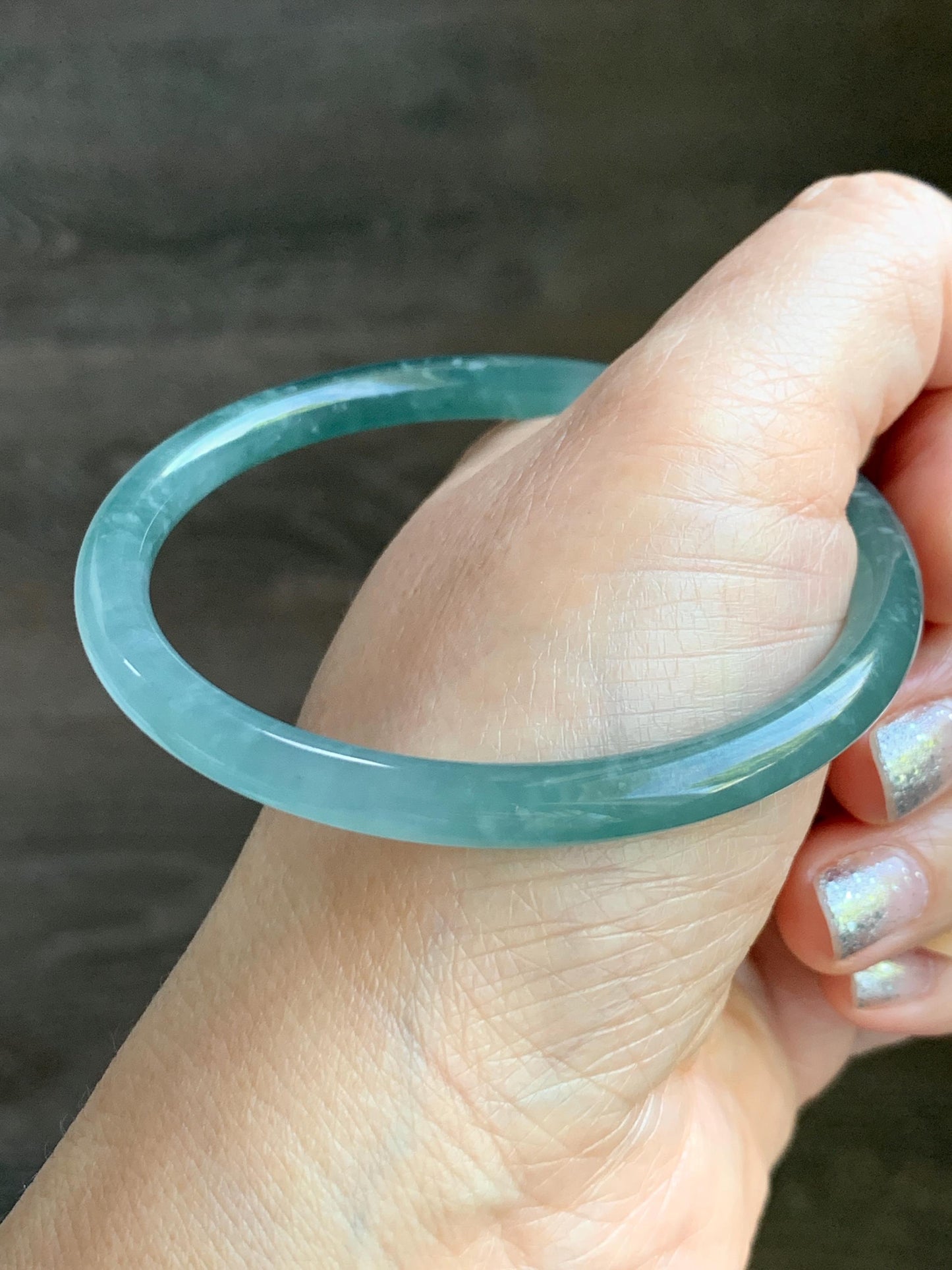 Certified Natural Grade A Guatemalan Icy Translucent Teal Blue & Green Marbled Jade Jadeite Slim Bangle 58.7mm 7.25” 20g 天然冰危晴蓝翡翠细圆条手镯 475