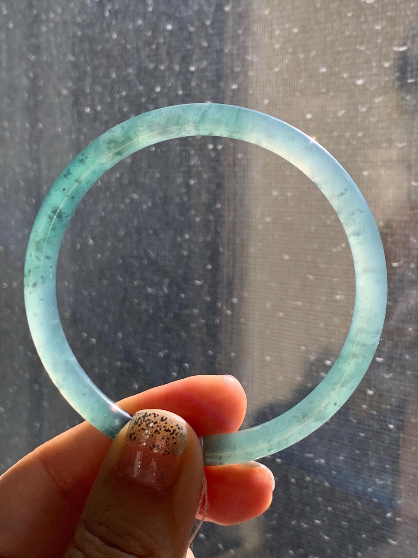 Certified Natural Grade A Guatemalan Icy Translucent Teal Blue & Green Marbled Jade Jadeite Slim Bangle 58.7mm 7.25” 20g 天然冰危晴蓝翡翠细圆条手镯 475