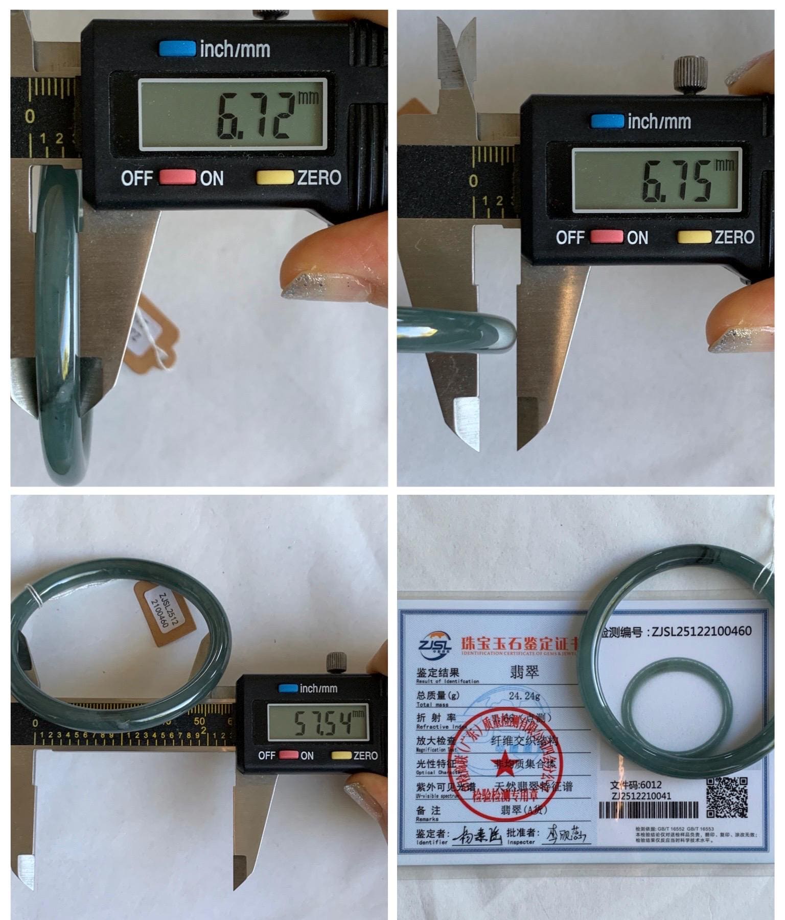 Certified Natural Grade A Guatemalan Icy Translucent Grayish Blue Wuji Marbled Jade Jadeite Bangle Bracelet 57.5mm 7.11” 天然冰危蓝灰乌鸡细圆条翡翠手镯 460