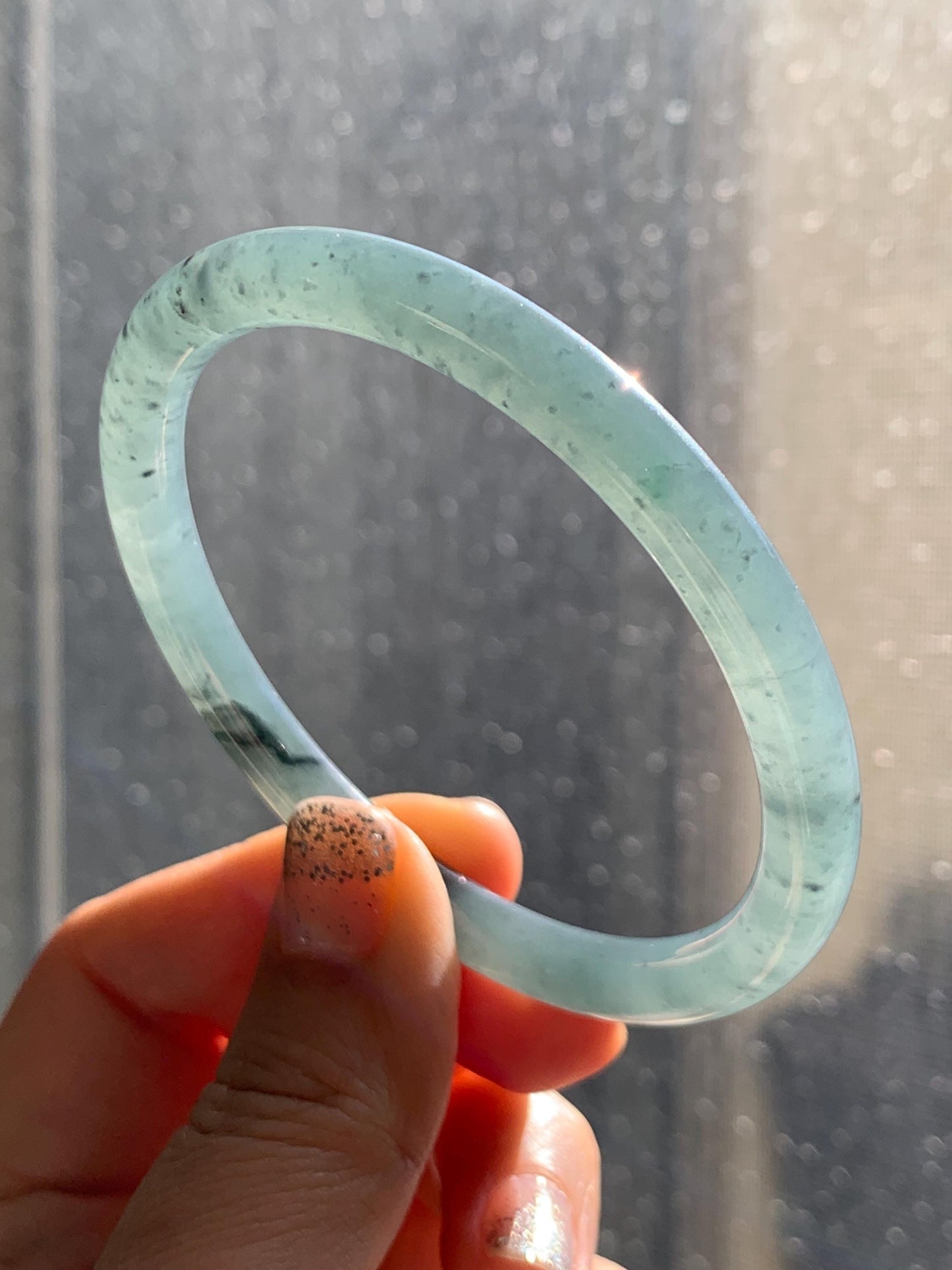 Certified Natural Grade A Guatemalan Icy Translucent Grayish Blue Wuji Marbled Jade Jadeite Bangle Bracelet 57.5mm 7.11” 天然冰危蓝灰乌鸡细圆条翡翠手镯 460
