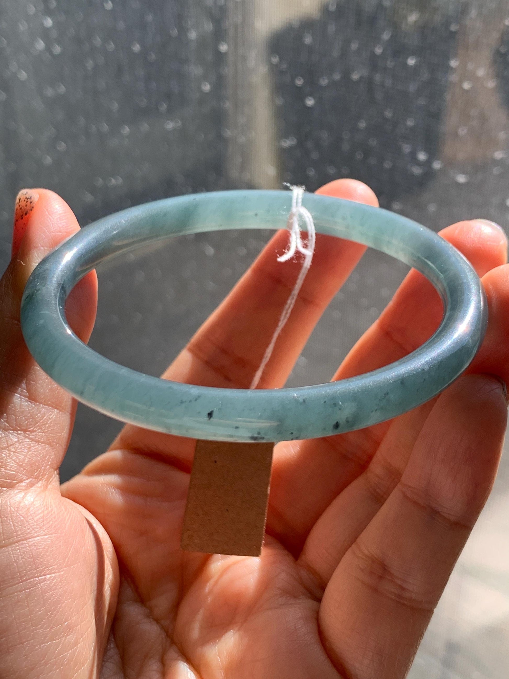 Certified Natural Grade A Guatemalan Icy Translucent Grayish Blue Wuji Marbled Jade Jadeite Bangle Bracelet 57.5mm 7.11” 天然冰危蓝灰乌鸡细圆条翡翠手镯 460