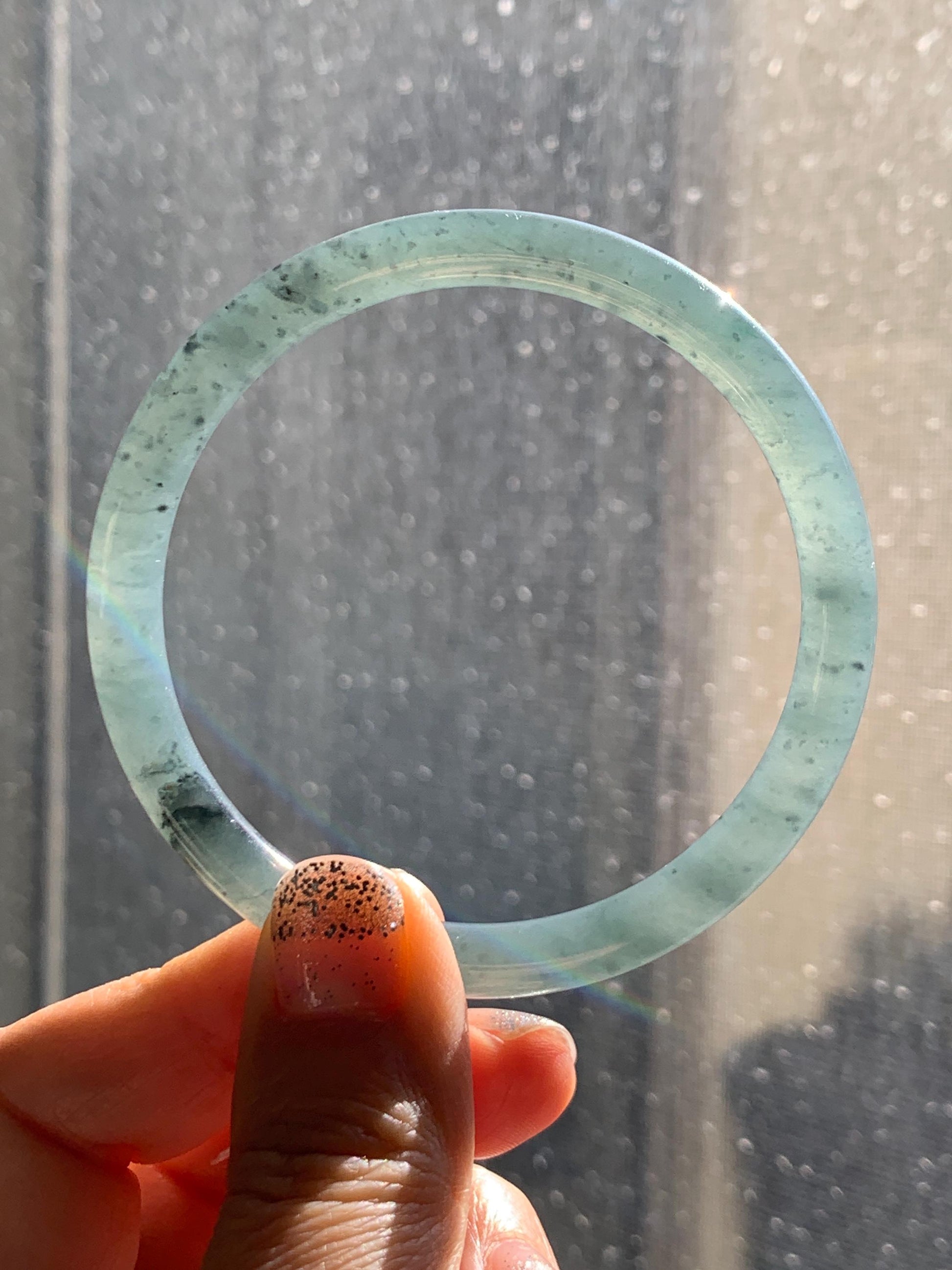Certified Natural Grade A Guatemalan Icy Translucent Grayish Blue Wuji Marbled Jade Jadeite Bangle Bracelet 57.5mm 7.11” 天然冰危蓝灰乌鸡细圆条翡翠手镯 460