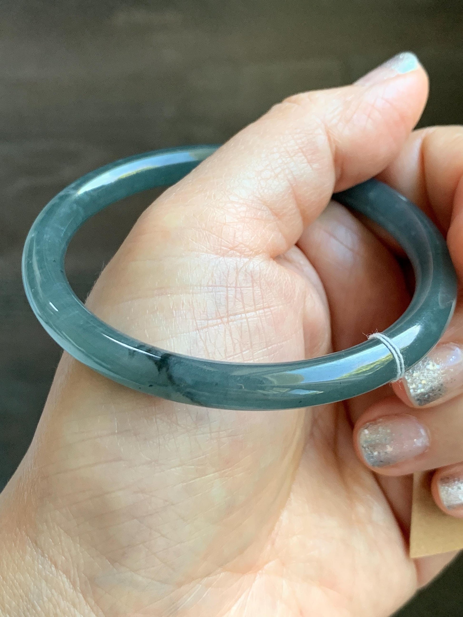 Certified Natural Grade A Guatemalan Icy Translucent Grayish Blue Wuji Marbled Jade Jadeite Bangle Bracelet 57.5mm 7.11” 天然冰危蓝灰乌鸡细圆条翡翠手镯 460