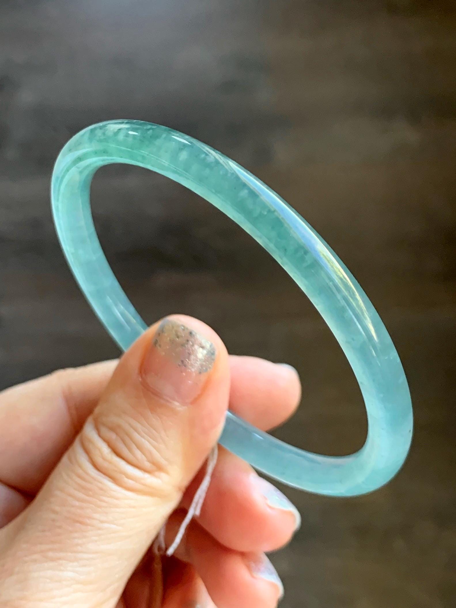 Certified Natural Grade A Guatemalan Icy Highly Translucent Light Teal Green Jade Jadeite Slim Bangle Bracelet 58mm 7.17” 天然冰危晴蓝翡翠细圆条手镯 474