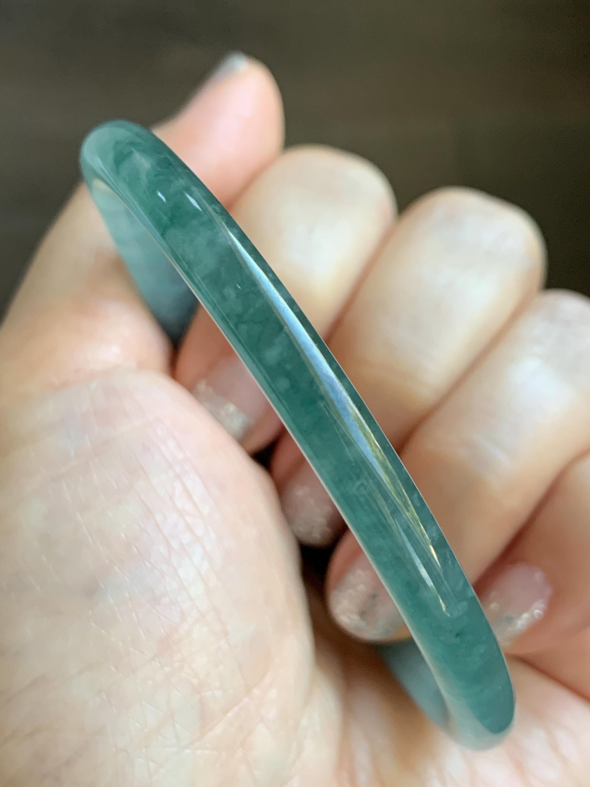 Certified Natural Grade A Guatemalan Icy Highly Translucent Light Teal Green Jade Jadeite Slim Bangle Bracelet 58mm 7.17” 天然冰危晴蓝翡翠细圆条手镯 474