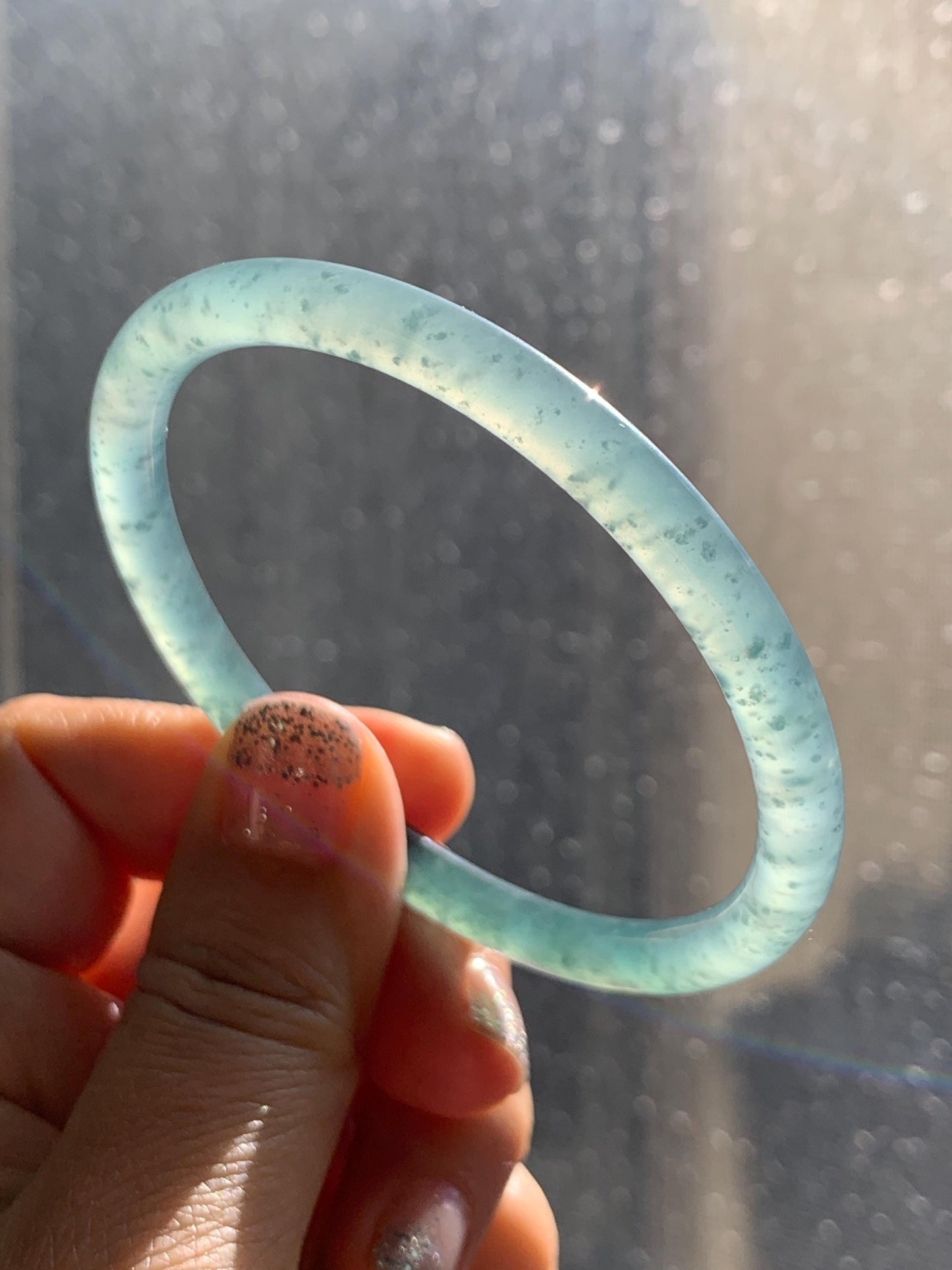 Certified Natural Grade A Guatemalan Icy Highly Translucent Light Teal Green Jade Jadeite Slim Bangle Bracelet 58mm 7.17” 天然冰危晴蓝翡翠细圆条手镯 474