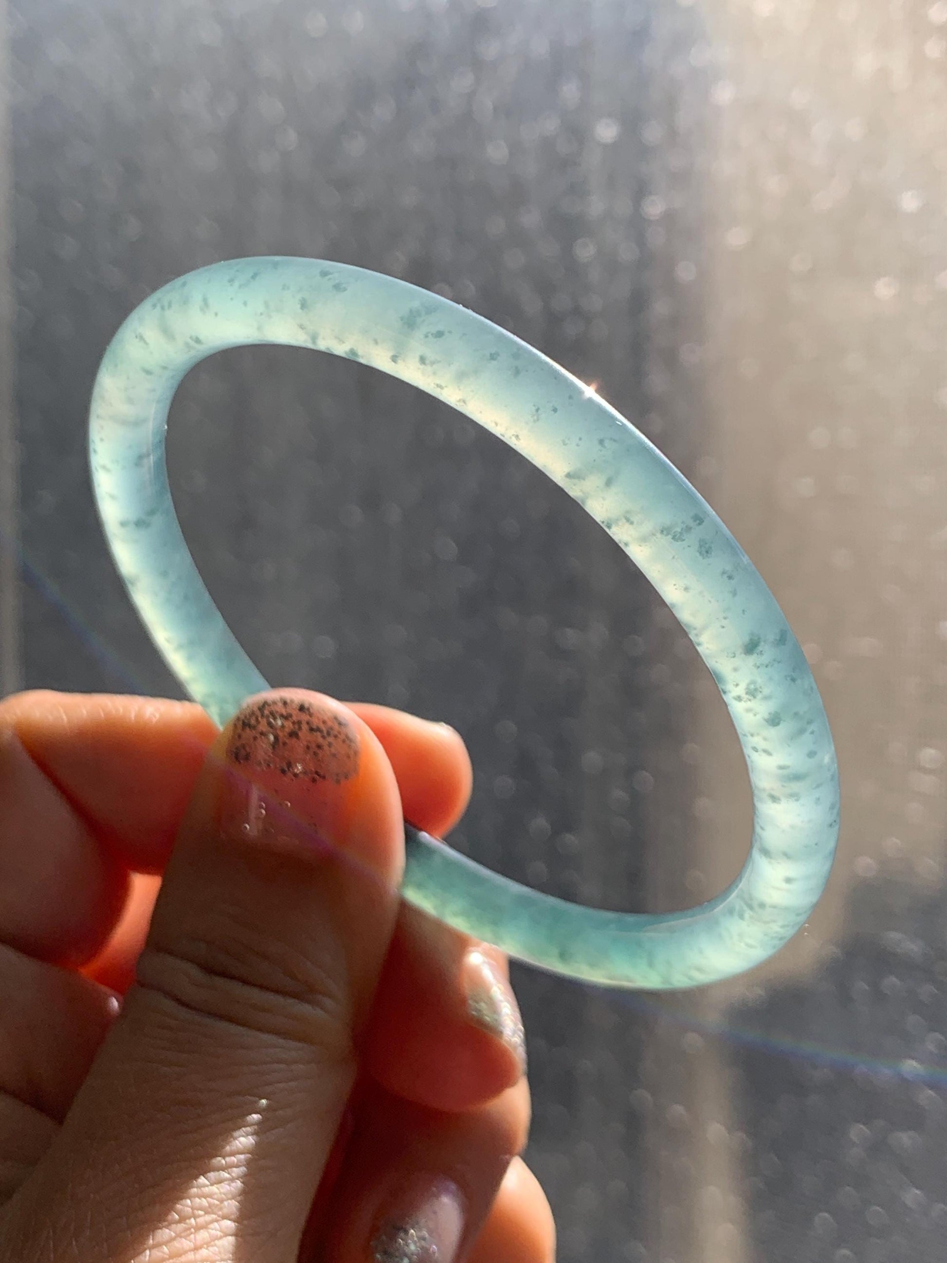 Certified Natural Grade A Guatemalan Icy Highly Translucent Light Teal Green Jade Jadeite Slim Bangle Bracelet 58mm 7.17” 天然冰危晴蓝翡翠细圆条手镯 474