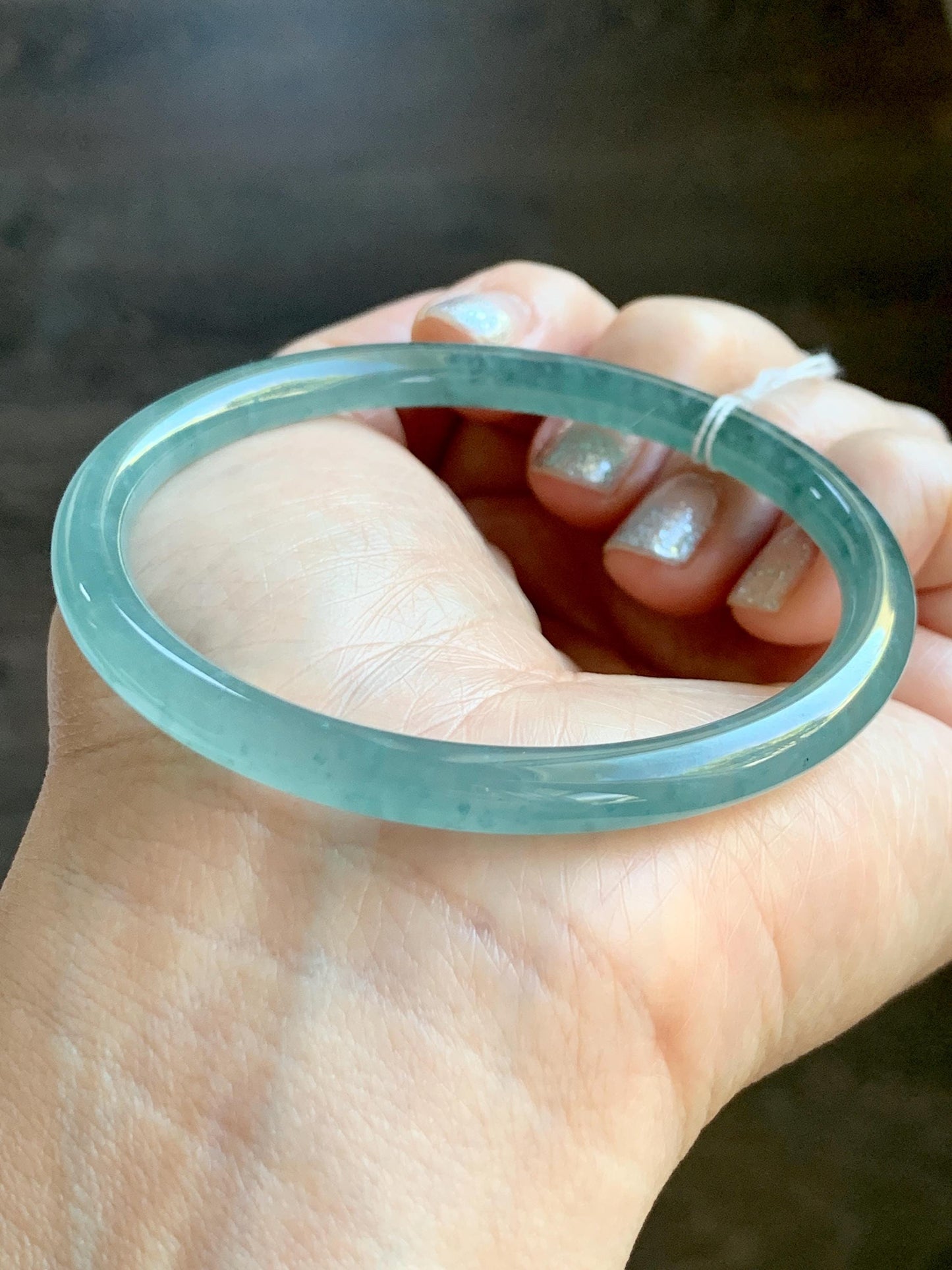 Certified Natural Grade A Guatemalan Icy Highly Translucent Light Teal Green Jade Jadeite Slim Bangle Bracelet 58mm 7.17” 天然冰危晴蓝翡翠细圆条手镯 474