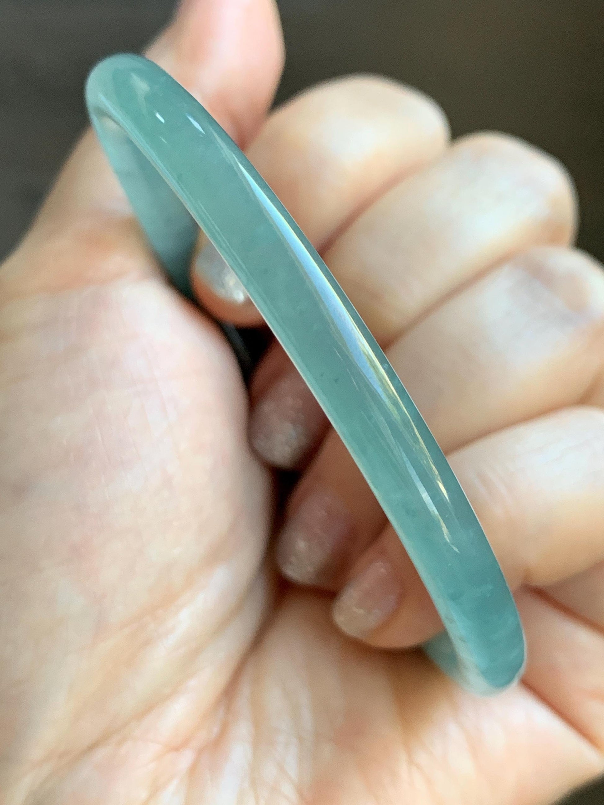 Certified Natural Grade A Guatemalan Icy Highly Translucent Light Teal Green Jade Jadeite Slim Bangle Bracelet 58mm 7.17” 天然冰危晴蓝翡翠细圆条手镯 474