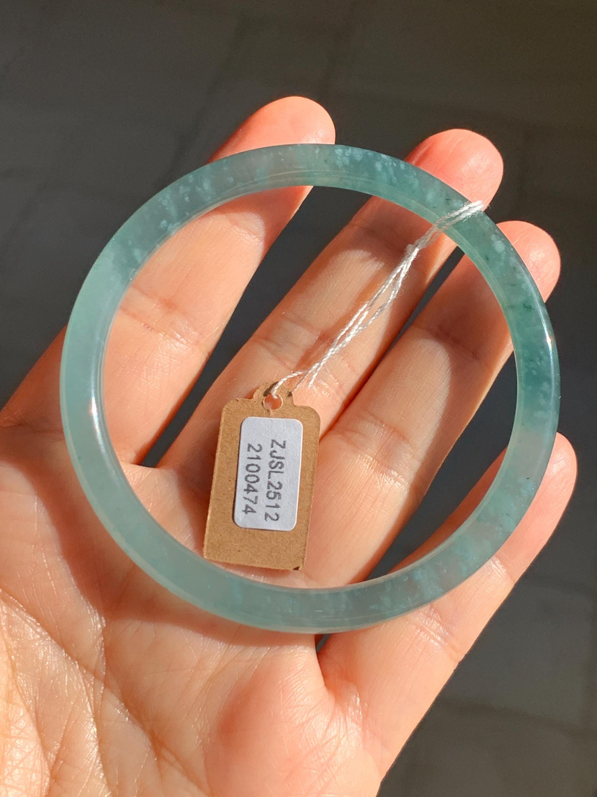 Certified Natural Grade A Guatemalan Icy Highly Translucent Light Teal Green Jade Jadeite Slim Bangle Bracelet 58mm 7.17” 天然冰危晴蓝翡翠细圆条手镯 474