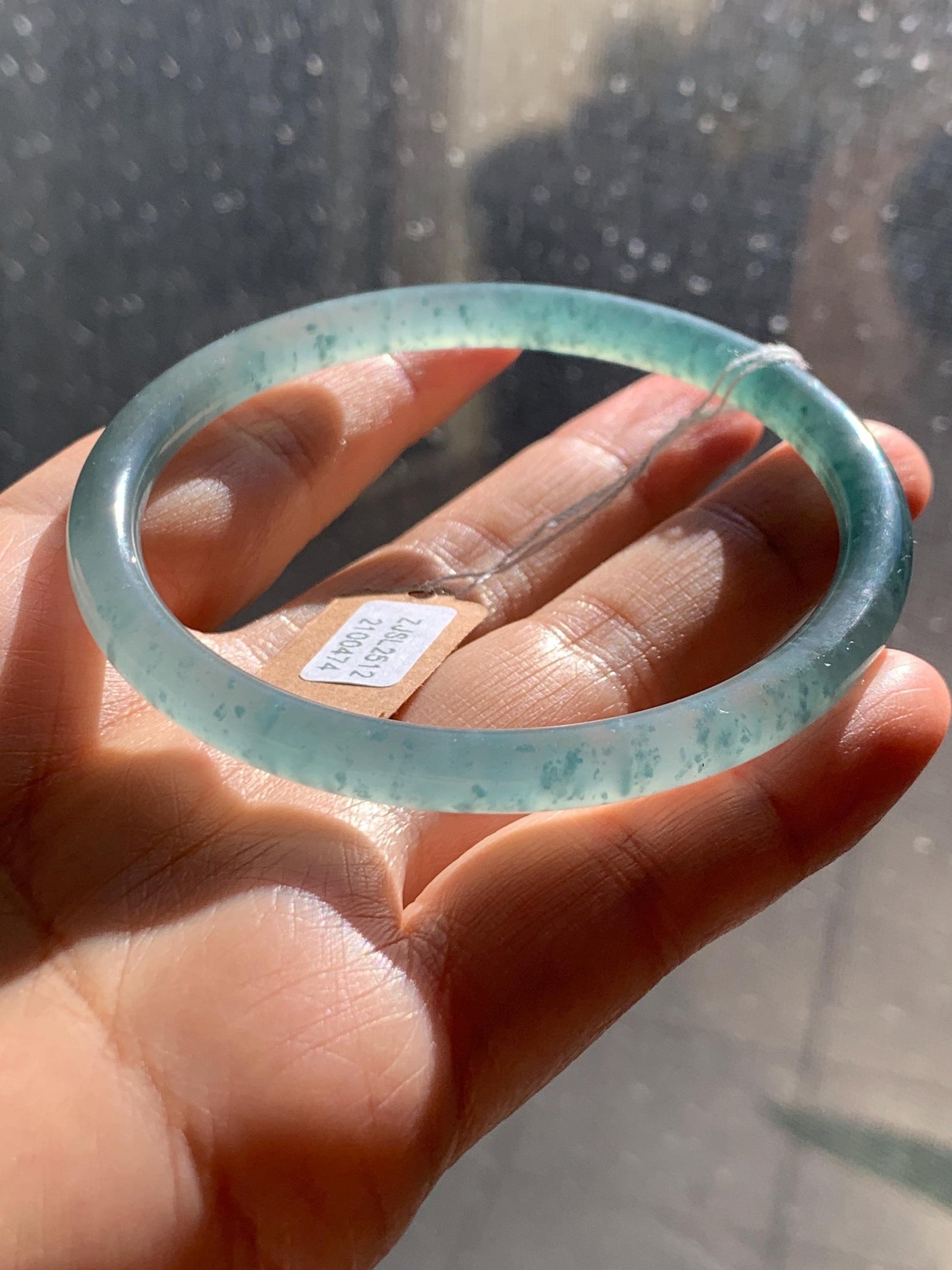 Certified Natural Grade A Guatemalan Icy Highly Translucent Light Teal Green Jade Jadeite Slim Bangle Bracelet 58mm 7.17” 天然冰危晴蓝翡翠细圆条手镯 474