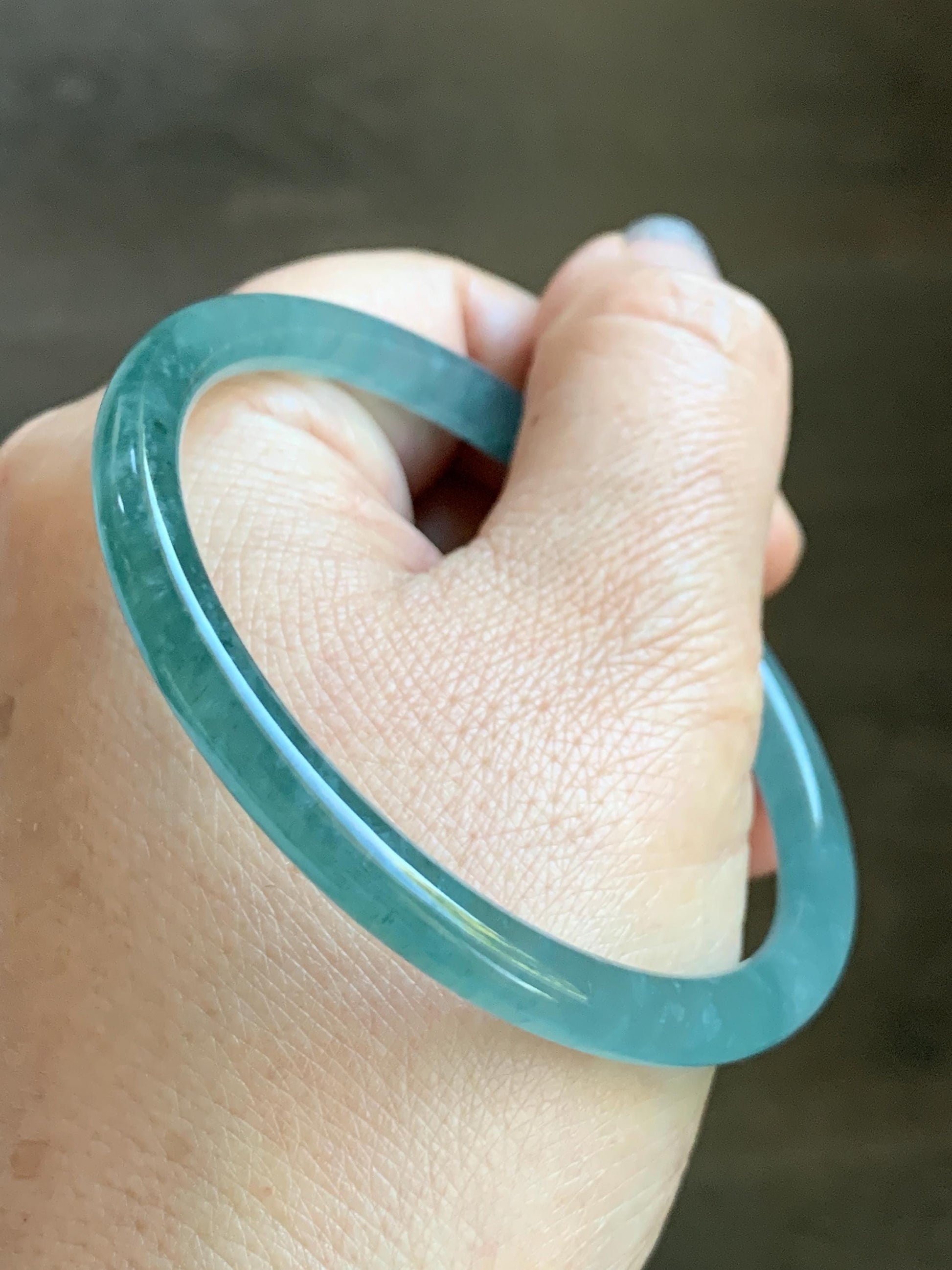 Certified Natural Grade A Guatemalan Icy Highly Translucent Light Teal Green Jade Jadeite Slim Bangle Bracelet 58mm 7.17” 天然冰危晴蓝翡翠细圆条手镯 474