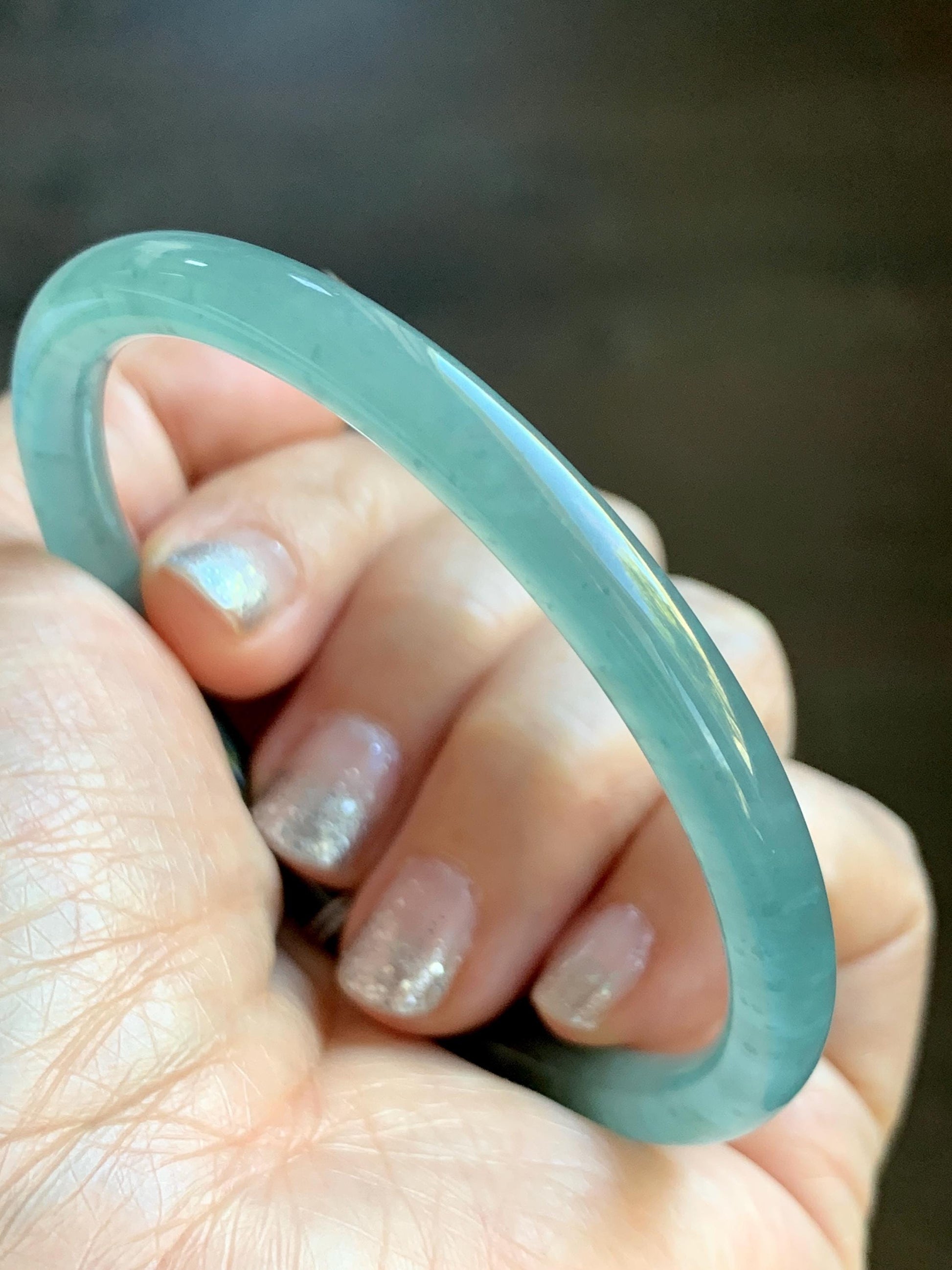 Certified Natural Grade A Guatemalan Icy Highly Translucent Light Teal Green Jade Jadeite Slim Bangle Bracelet 58mm 7.17” 天然冰危晴蓝翡翠细圆条手镯 474