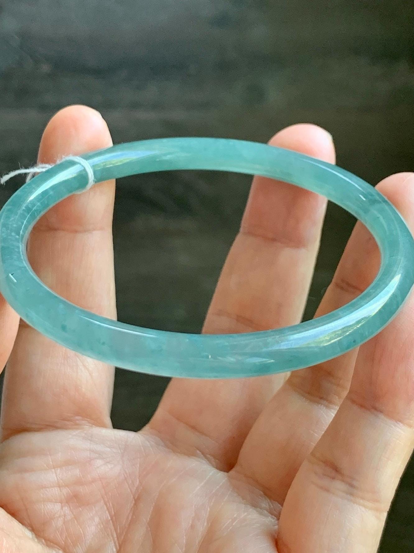 Certified Natural Grade A Guatemalan Icy Highly Translucent Light Teal Jade Jadeite Slim Bangle Bracelet 58.3mm 7.2” 天然冰危晴蓝翡翠细圆条手镯 456