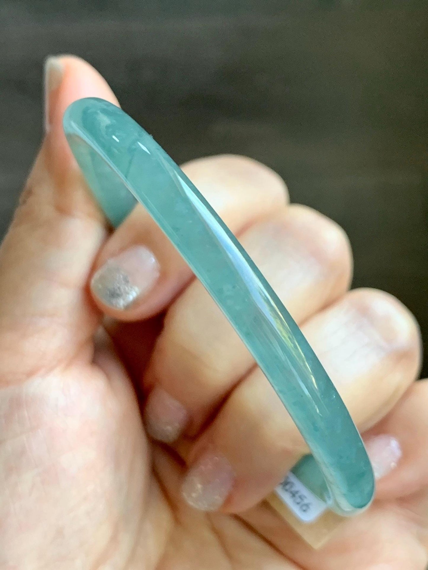Certified Natural Grade A Guatemalan Icy Highly Translucent Light Teal Jade Jadeite Slim Bangle Bracelet 58.3mm 7.2” 天然冰危晴蓝翡翠细圆条手镯 456