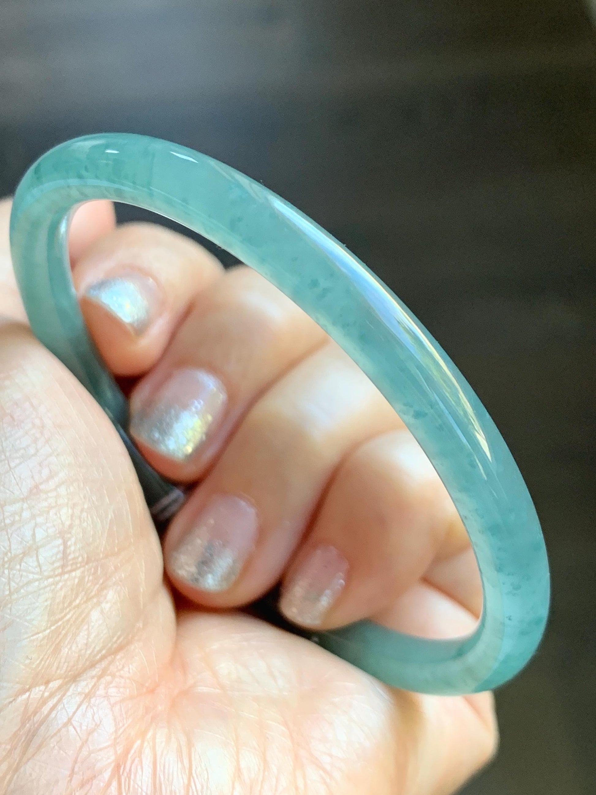 Certified Natural Grade A Guatemalan Icy Highly Translucent Light Teal Jade Jadeite Slim Bangle Bracelet 58.3mm 7.2” 天然冰危晴蓝翡翠细圆条手镯 456