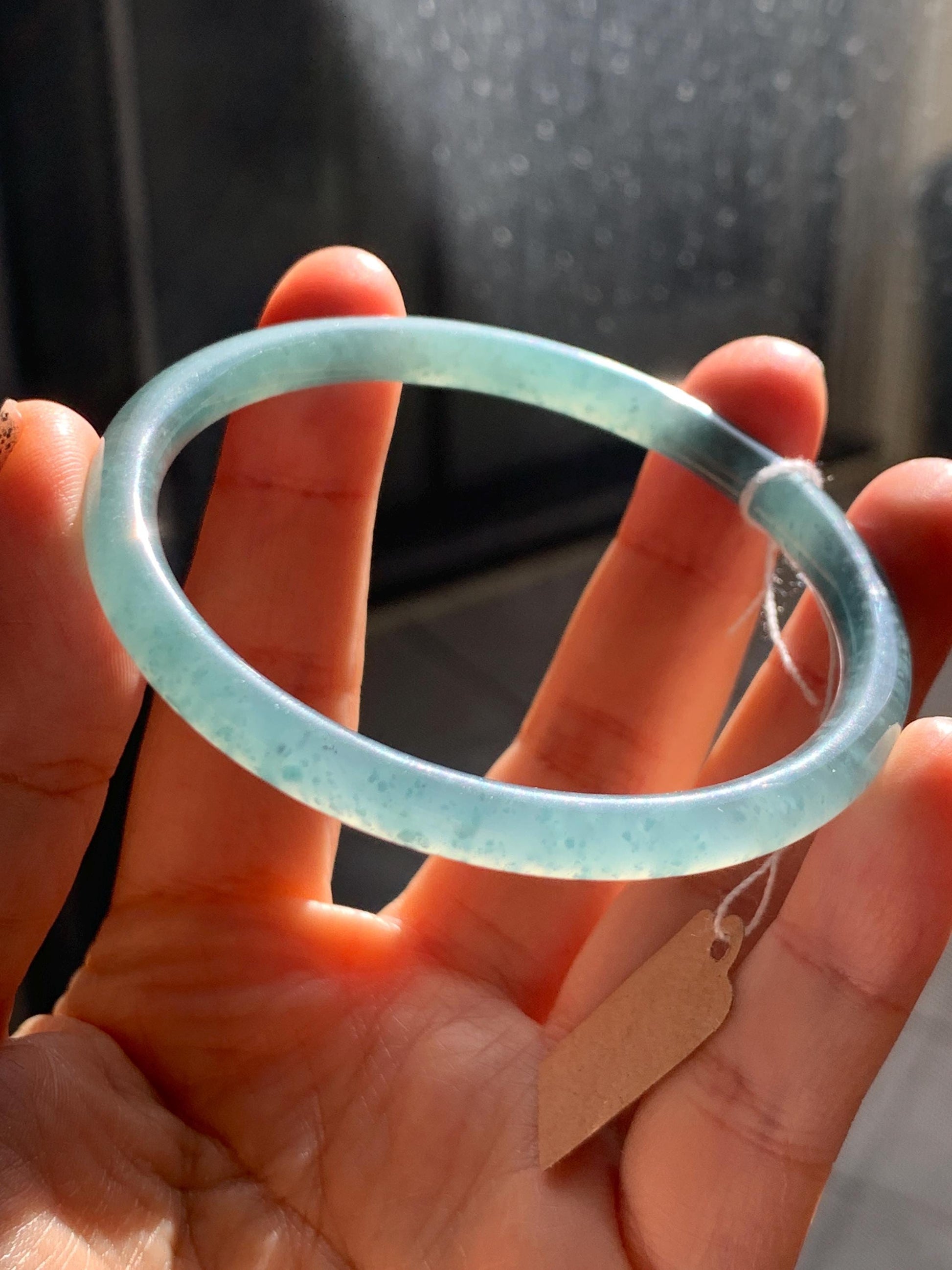 Certified Natural Grade A Guatemalan Icy Highly Translucent Light Teal Jade Jadeite Slim Bangle Bracelet 58.3mm 7.2” 天然冰危晴蓝翡翠细圆条手镯 456