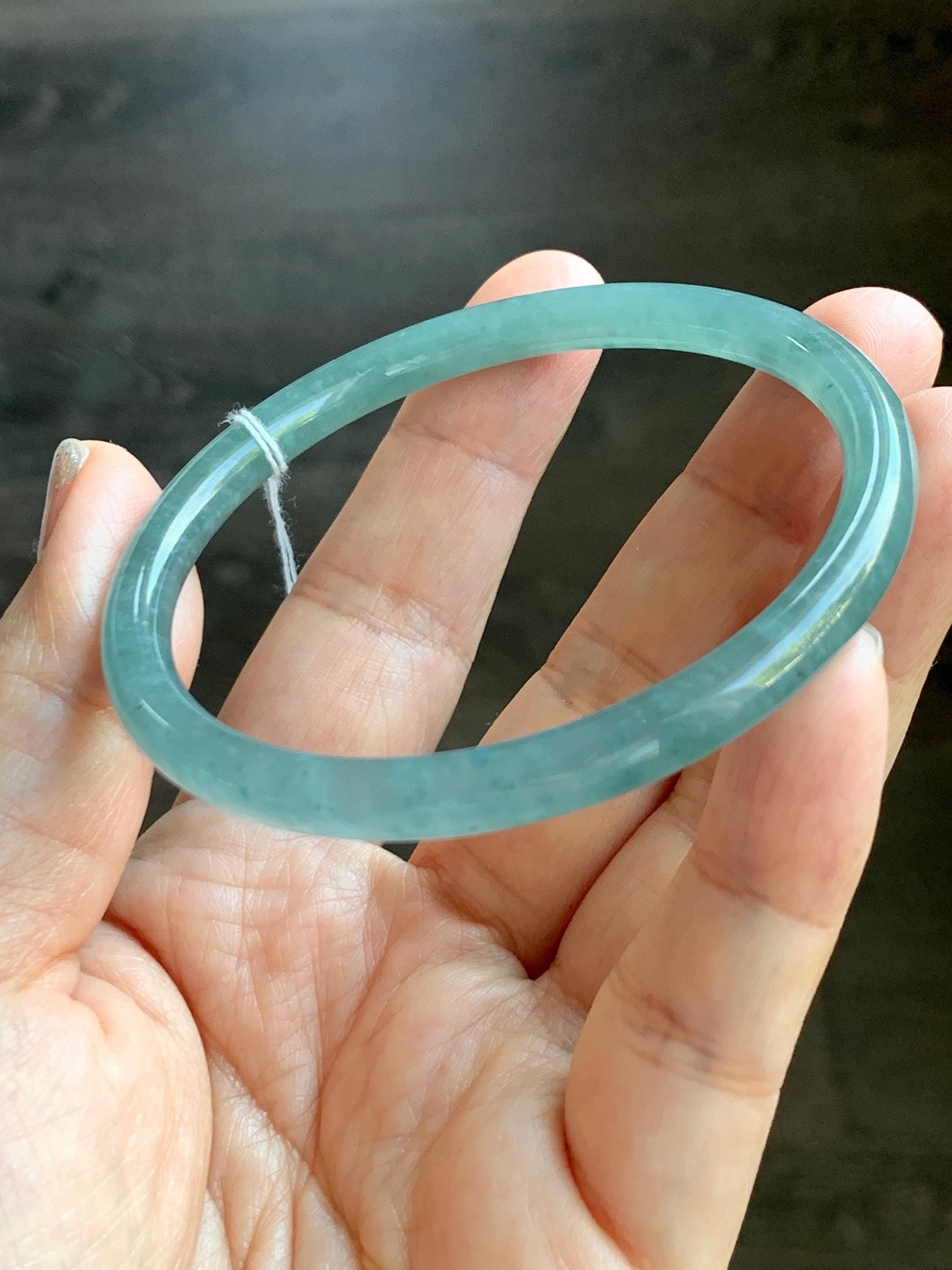 Certified Natural Grade A Guatemalan Icy Highly Translucent Light Teal Jade Jadeite Slim Bangle Bracelet 58.3mm 7.2” 天然冰危晴蓝翡翠细圆条手镯 456