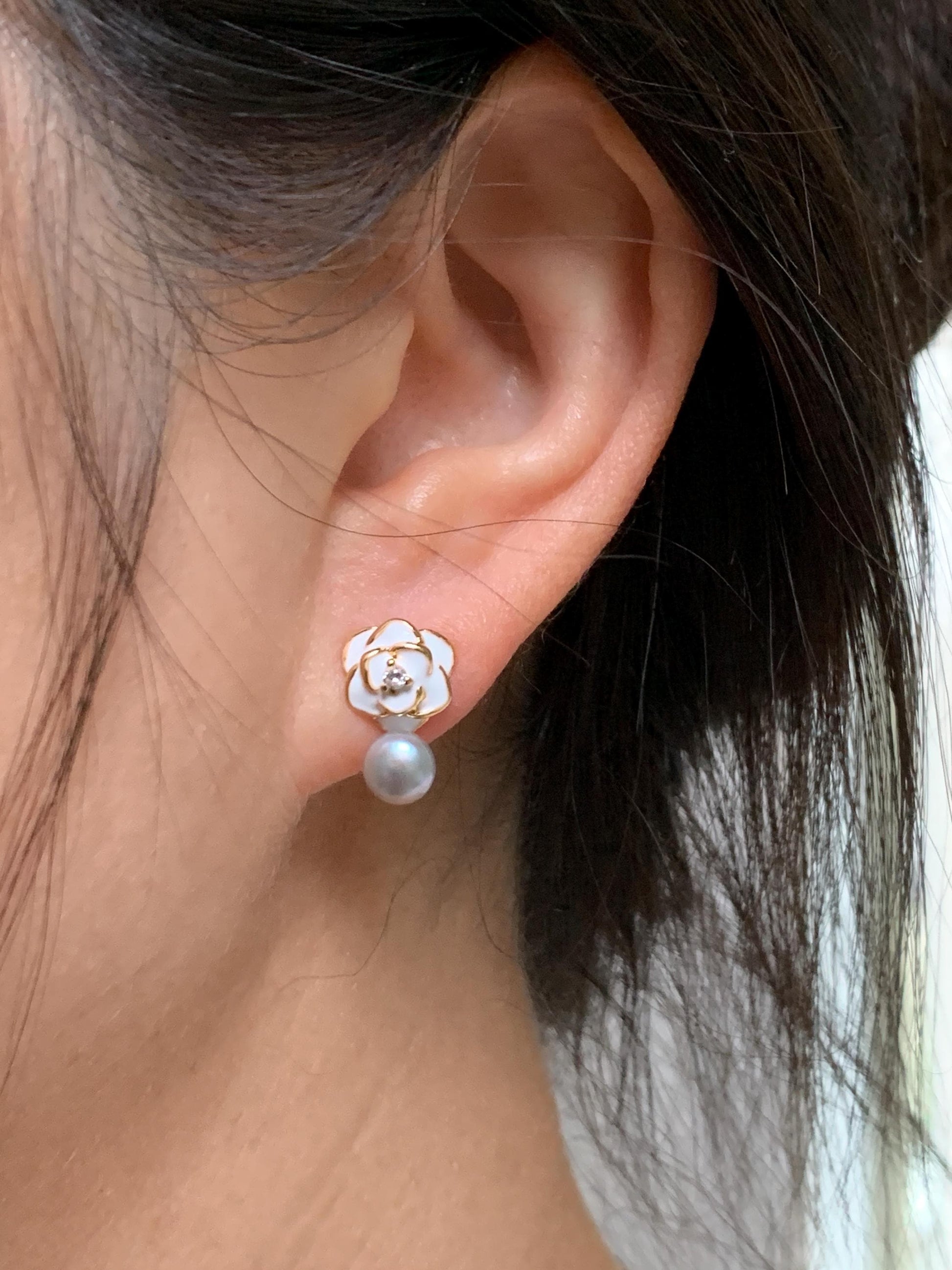 Natural Untreated Freshwater Button Pearl Silver Gray Rose Floral Stud Earrings Sterling Silver Posts 6mm 天然淡水银灰珍珠玫瑰花纯银针包金耳钉 F