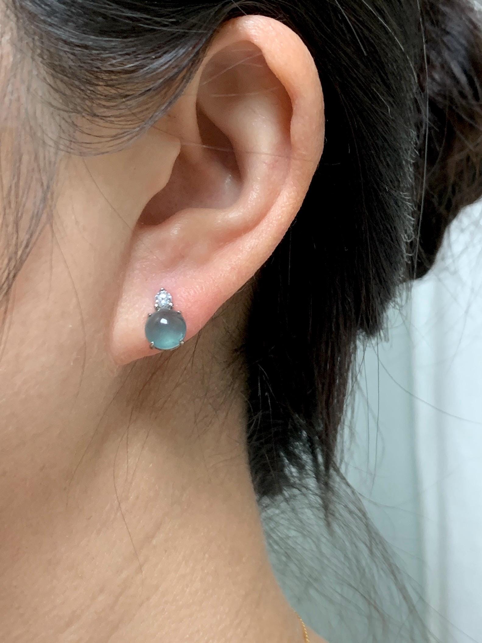 Natural Grade A Guatemalan Icy Highly Translucent Teal Green Jade Jadeite Stud Earrings Sterling Silver 7mm 天然冰危蓝绿翡翠银镶耳钉 DLD77